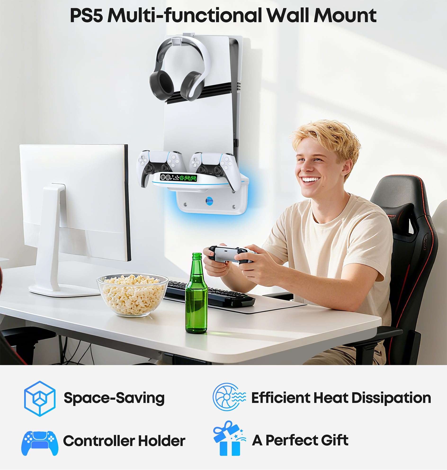 Rysker PS5 Wandhalterung kompatibel mit Playstaiton 5/Slim/Pro mit Controller Ladestation, PS5 Wall Mount mit Kühler und 9 RGB Licht