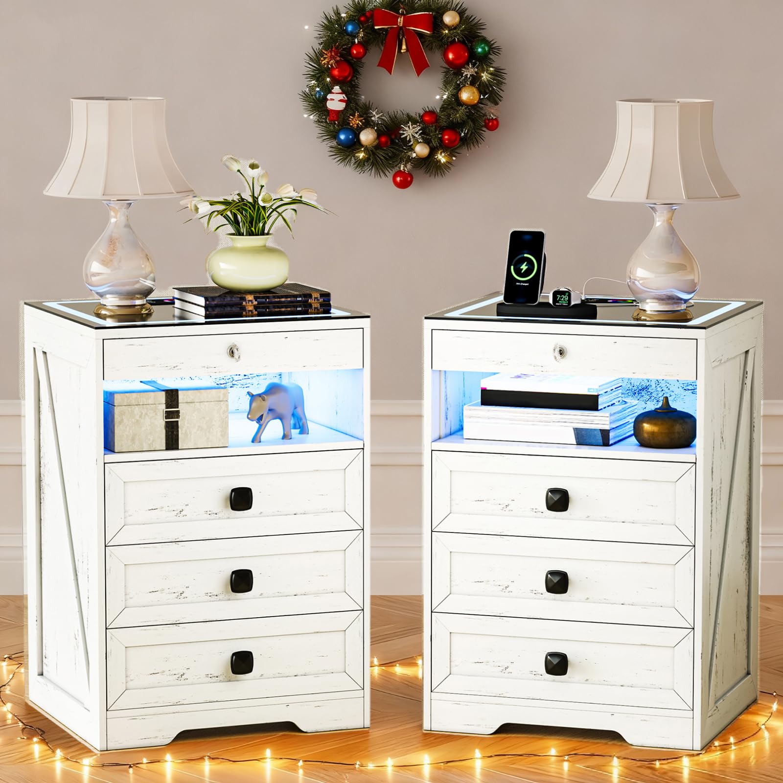 HNEBC Set of 2 Smart Night Stand with Gun Drawer,Glass Top Nightstand with Charging Sation,LED Bedside Table with 3 Color Lights,End Table with Glass