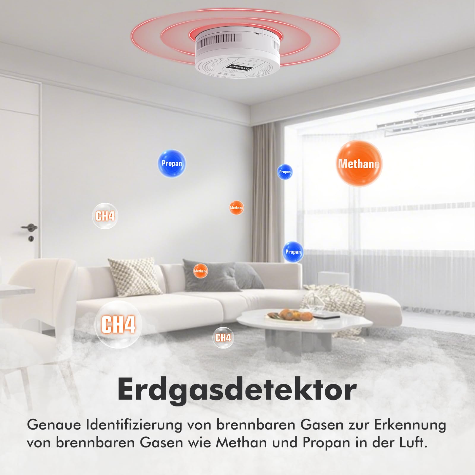 Gasmelder Erdgasdetektor CH4/Propan/Methan 100% Batteriebetrieben - Kombinierter Gasalarm mit Optischem & Akustischem Alarm - Gassensor für Sicherheit in Haushalt (Batterie enthalten)