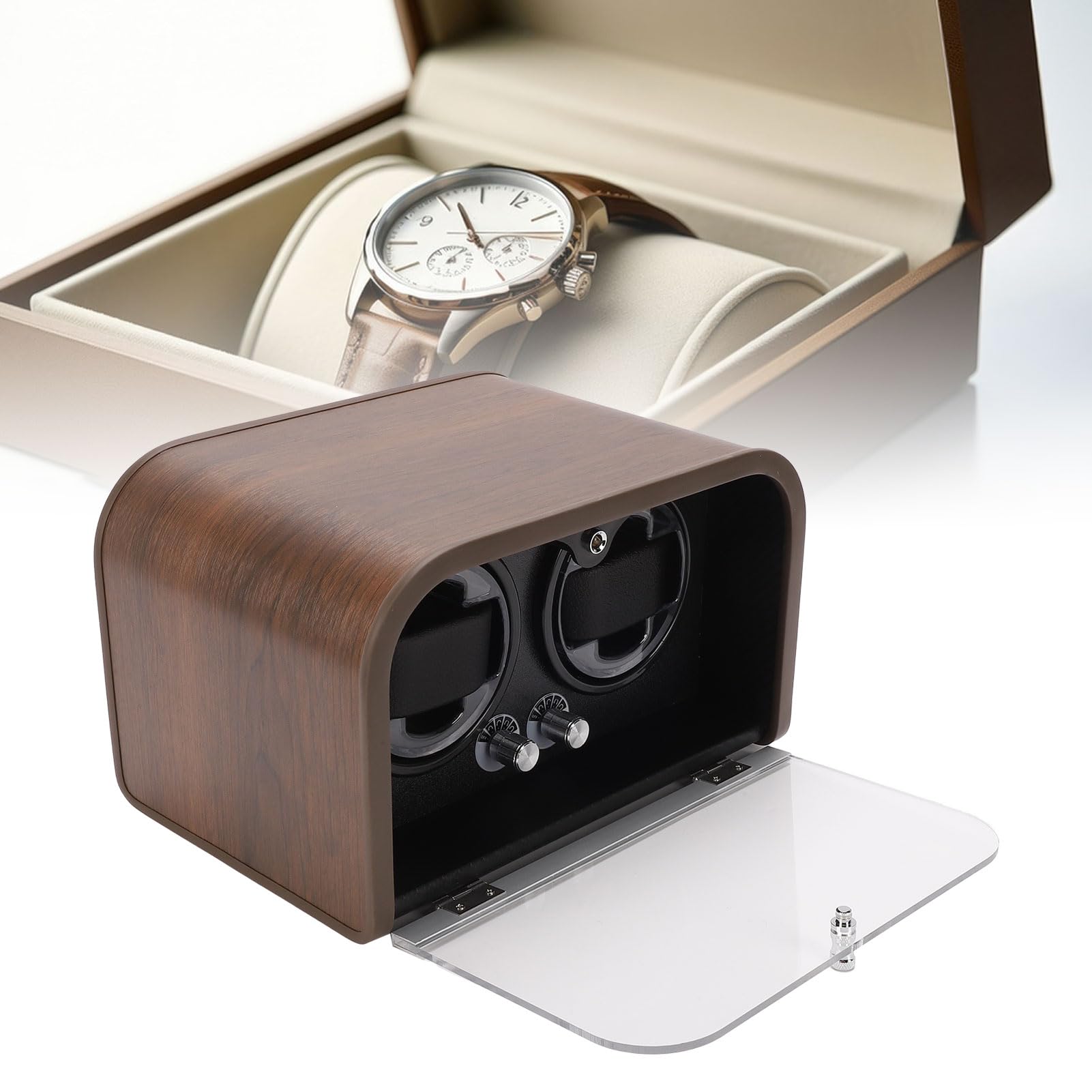 Asixxsix Zegarek Winder, 5 regulowanych ustawień 10dB Ultra ciche samo nawijające się pudełko na zegarki z oświetleniem LED i inteligentną redukcją szumów, do zegarków mechanicznych