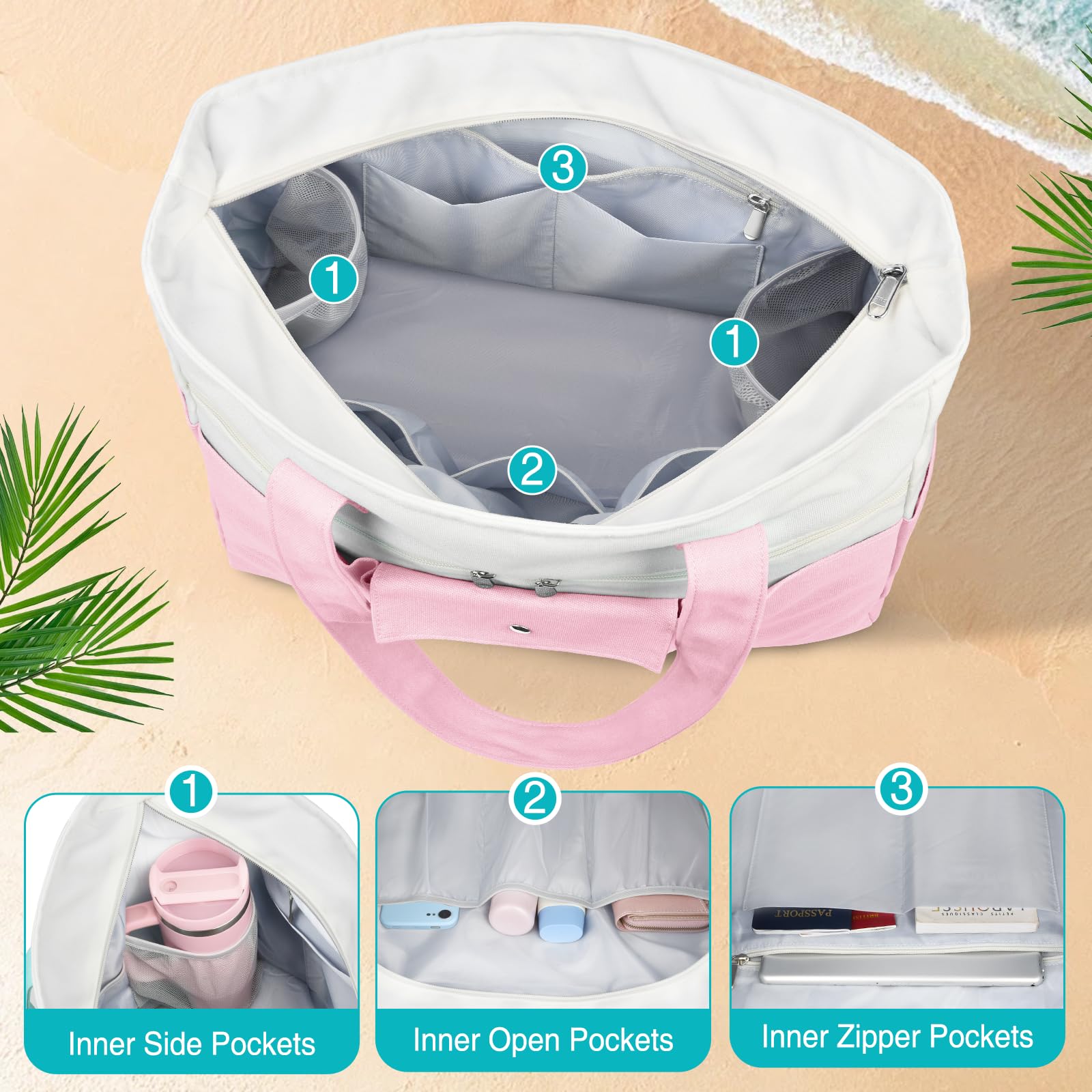 TEUEN Gran Bolso Shopper XXL Impermeable – Bolsa de Playa de Tela con Compartimento Impermeable y Cremallera, Bolsa de Viaje Ligera con Múltiples Bolsillos para Mujer
