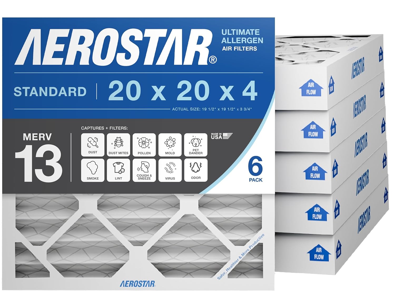 Aerostar 20x20x4 MERV 8 - 6 Count - High Efficiency Pleated HVAC, Furnace & Air Conditioner Filters - Removes Dust, Lint, Mold & Allergy-Causing Pollen