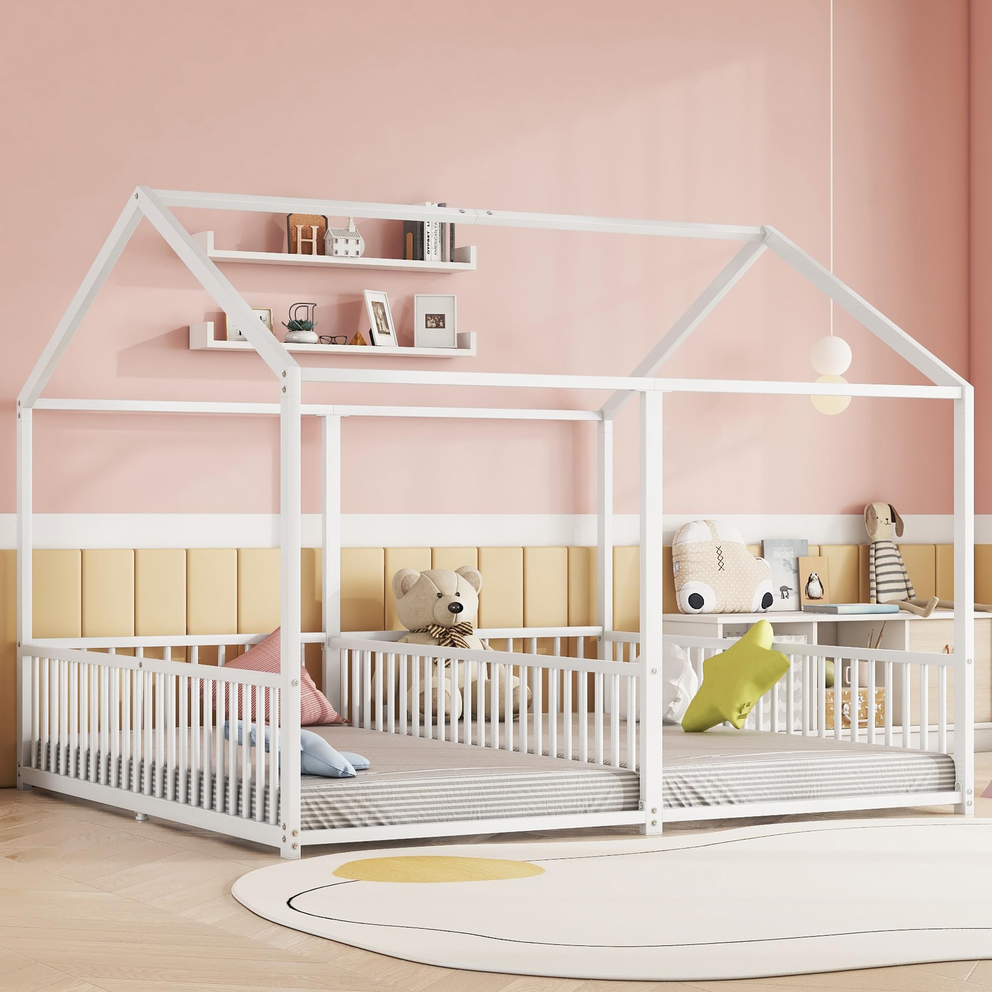Letto per bambini 90 x 200 cm Due letti da 90 cm con protezione anticaduta, Letto a casa Letto a pavimento Letto gemellare con design a forma di casa, Letto per bambini Telaio in ferro