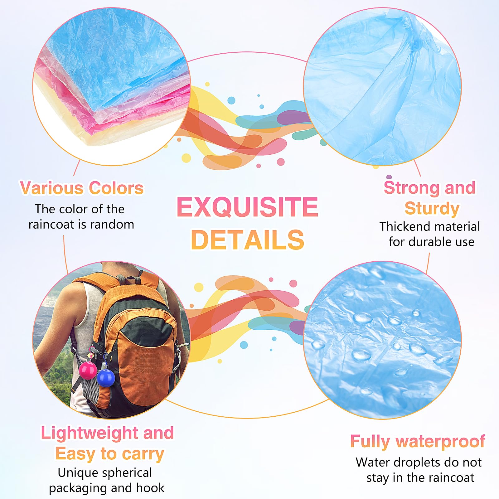 Liitrsh Lot de 30 ponchos de pluie pour adultes - Jetables - Imperméables - Avec crochet - En plastique - Pour le camping, le cyclisme en plein air - 5 couleurs, Rouge, rose rouge, jaune, bleu, bleu