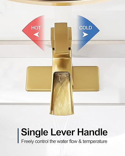 Miniatura 3 de Grifo de cascada, grifo de baño dorado cepillado de latón, grifos de baño de un solo mango de 4 pulgadas, 1 agujero o 3 agujeros, grifo de fregadero
