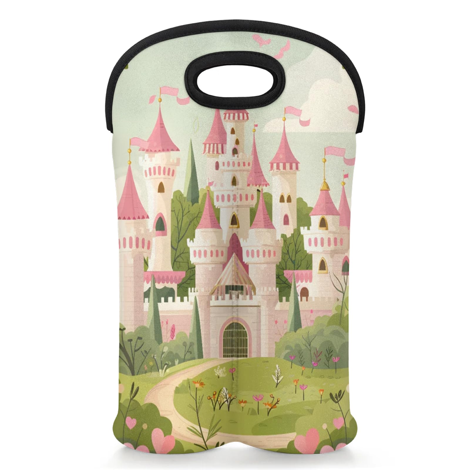 GzLeyigou 2 Bottles Castle Pink Wine Bag Sleeve Totes Neoprene Protective Wine Carrier Bag for Wine,Water, Champagne, Beer, Baby Bottles,Gift 14.5 x 10 Inches