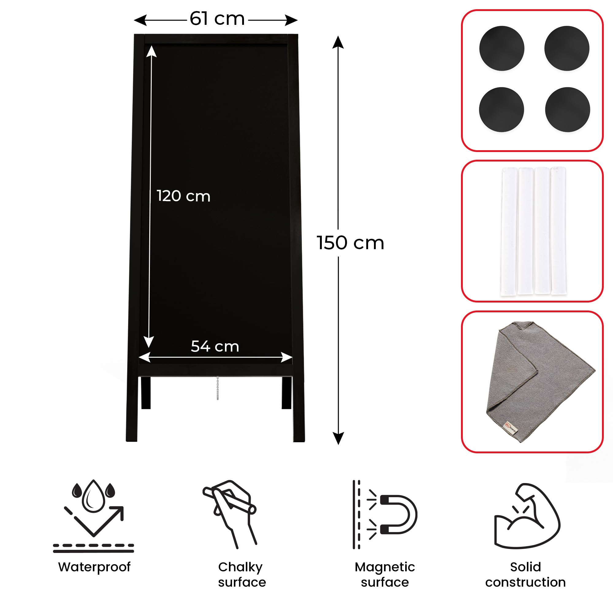 ALLboards Lavagna per gesso magnetica con cavalletto 150x61 cm RESISTENTE ALL'ACQUA - NERO