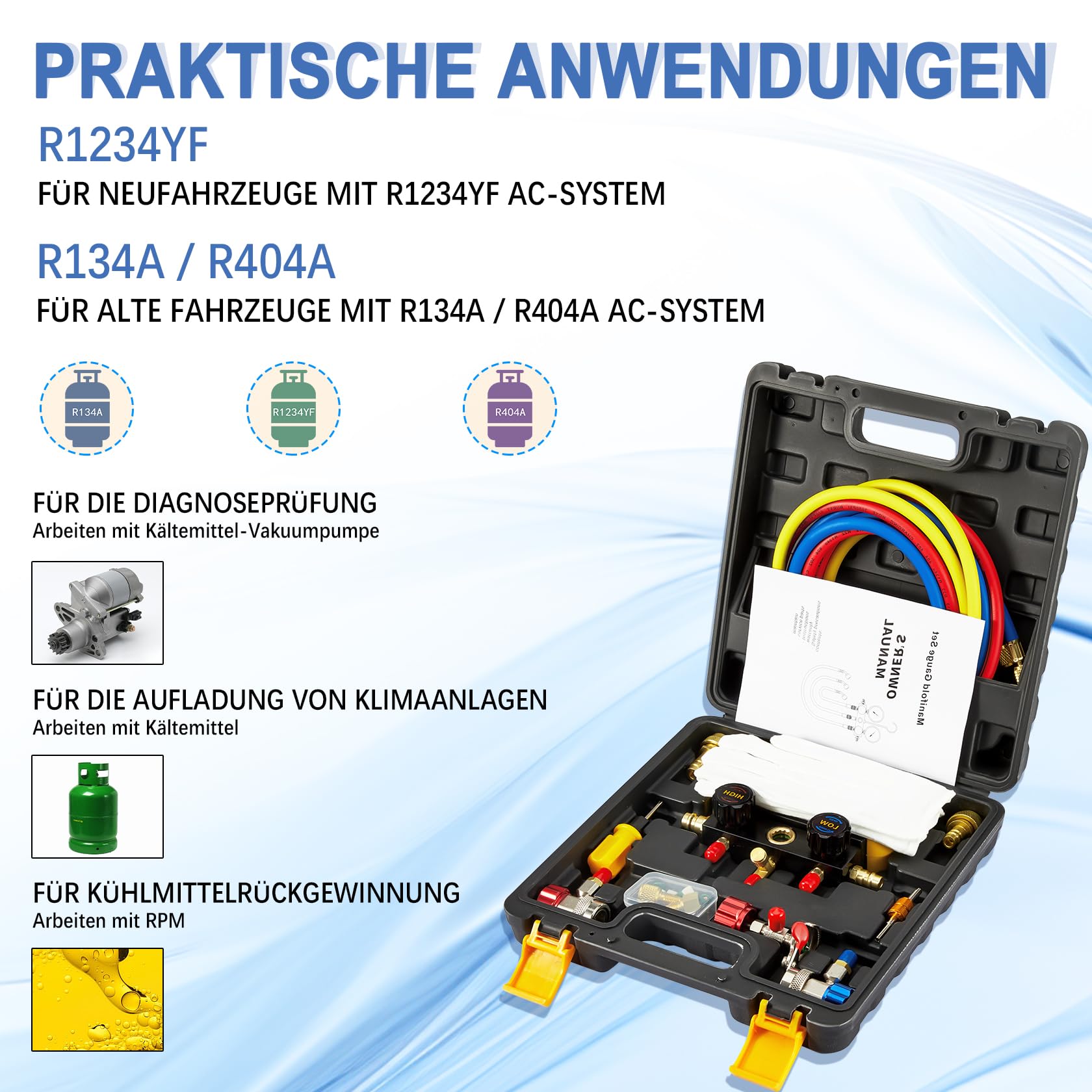 Pindex Manifold Gauge Set für Kältemittel R1234YF R134A R404A, KFZ AC Manometer mit 3x 1,5m Schläuchen