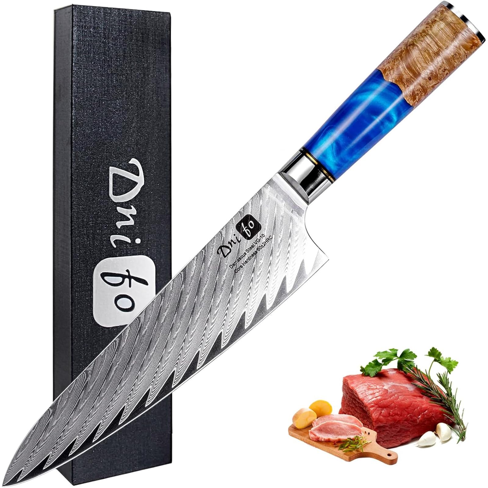 Chef Knife, Damascus Chef Knife 8 inch, Damascus VG-10 67-Layer Steel Japanese Kitchen Knives, Full Tang Non-stick Blade and Anti-rusting Forged Cooking Knife with Gift Box
