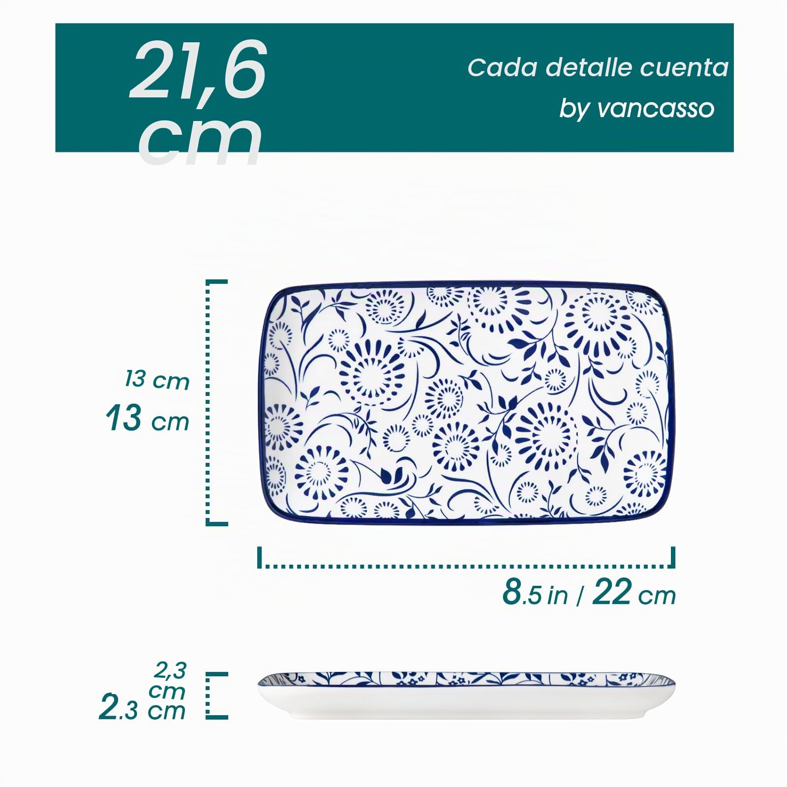 vancasso SELENE Juego de 6 Platos Pequeños para Servir - 22 x 13 cm Platos Rectangulares Para Postres, Sushi, Aperitivos - Apto para Microondas - Estilo A Azul y Blanco Chino
