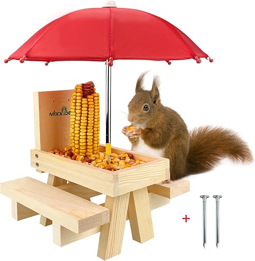 MIXXIDEA Squirrel Feeder Table with Umbrella, Wooden Squirrel Picnic Table Feeder, Sturdy Squirrels Feeder Corn Cob Holder, with Solid Structure and 2 x Thick Benches(1pk)