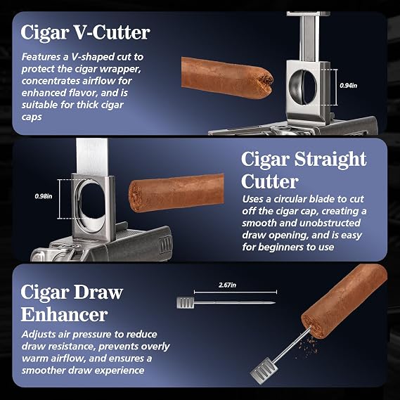 Tesonway Torch Lighter with Windproof Single Jet Flame, Straight & V Cutters, Cigar Draw Enhancer, Refillable Butane Torch Lighter, Gift for Cigar Lovers (Butane Not Included)