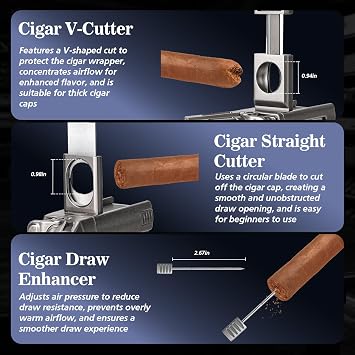 Tesonway Torch Lighter with Windproof Single Jet Flame, Straight & V Cutters, Cigar Draw Enhancer, Refillable Butane Torch Lighter, Gift for Cigar Lovers (Butane Not Included)