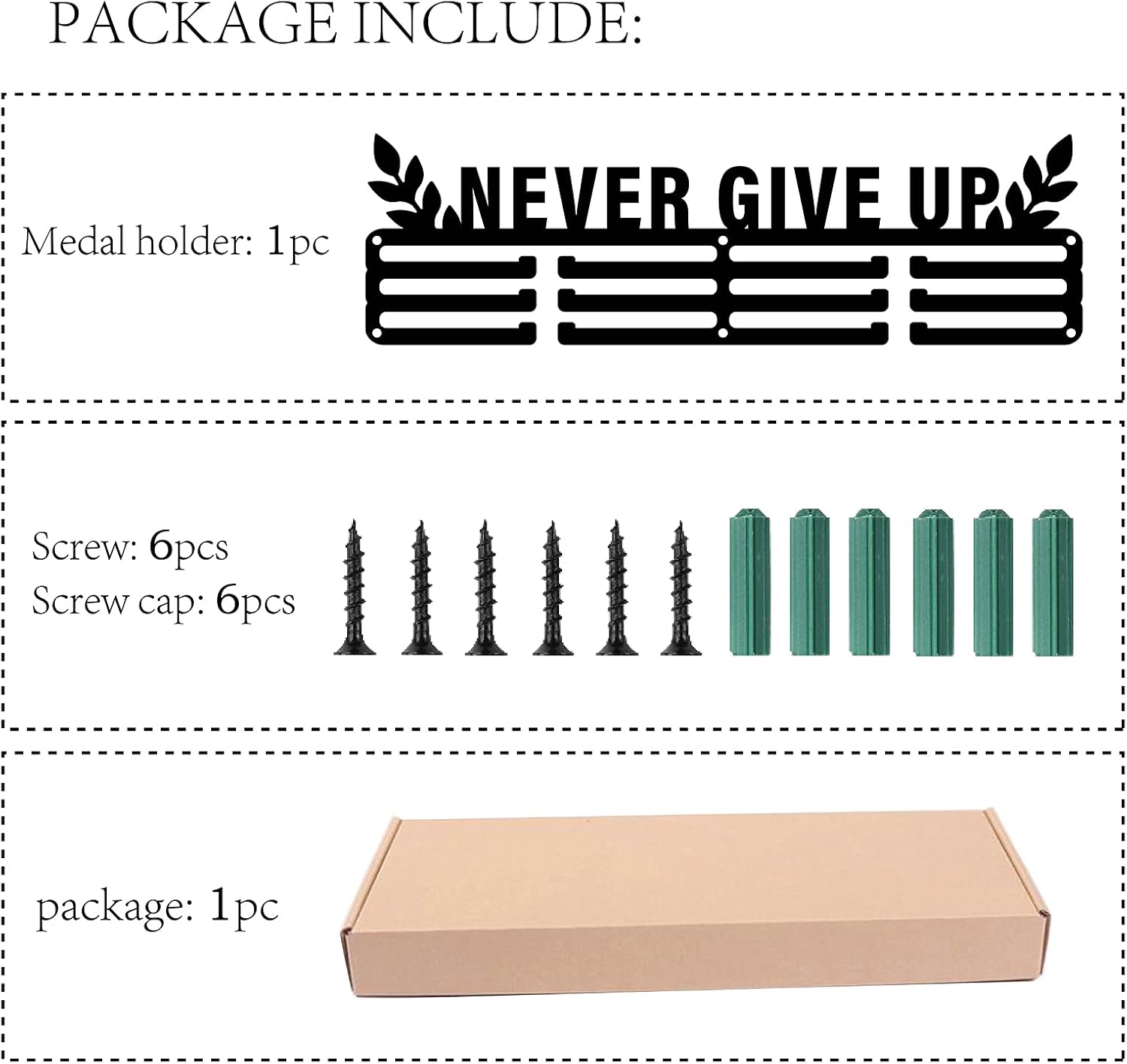 CREATCABIN Never Give Up Medal Holder Hanger Trophy Display Rack Frame Awards Wall Mounteed Sturdy Black Steel Metal 3 Lines for All Sports Running Basketball Swimming Marathon Soccer Over 60 Medals