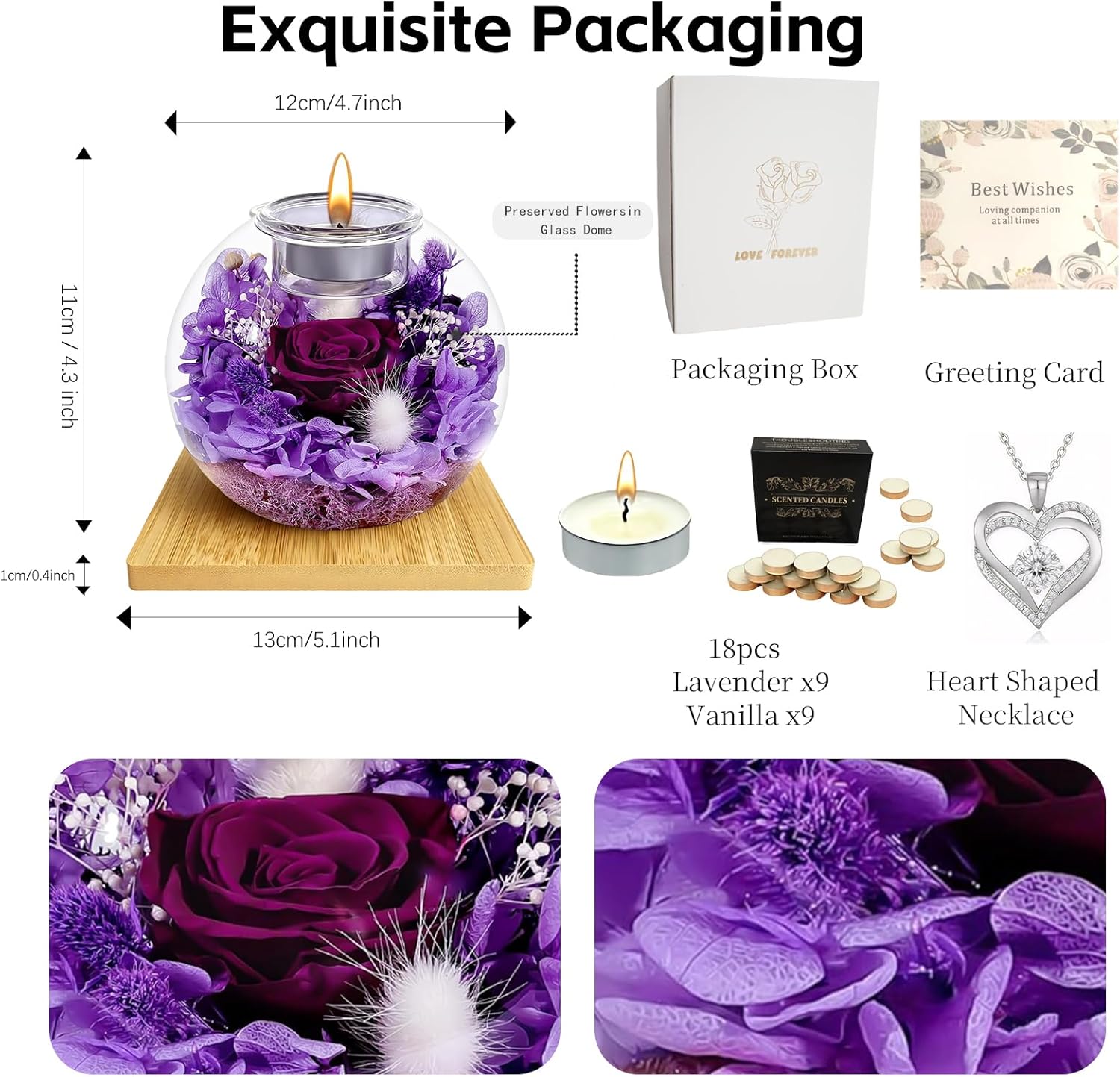 Preserved Roses with Necklace, Long-Lasting Real Flowers in Glass Dome, I Love You Gifts for Her, Wife, Girlfriend with Scented Candles for Valentine‘s, Thanksgiving & Christmas (Violet Rose) - Image 2