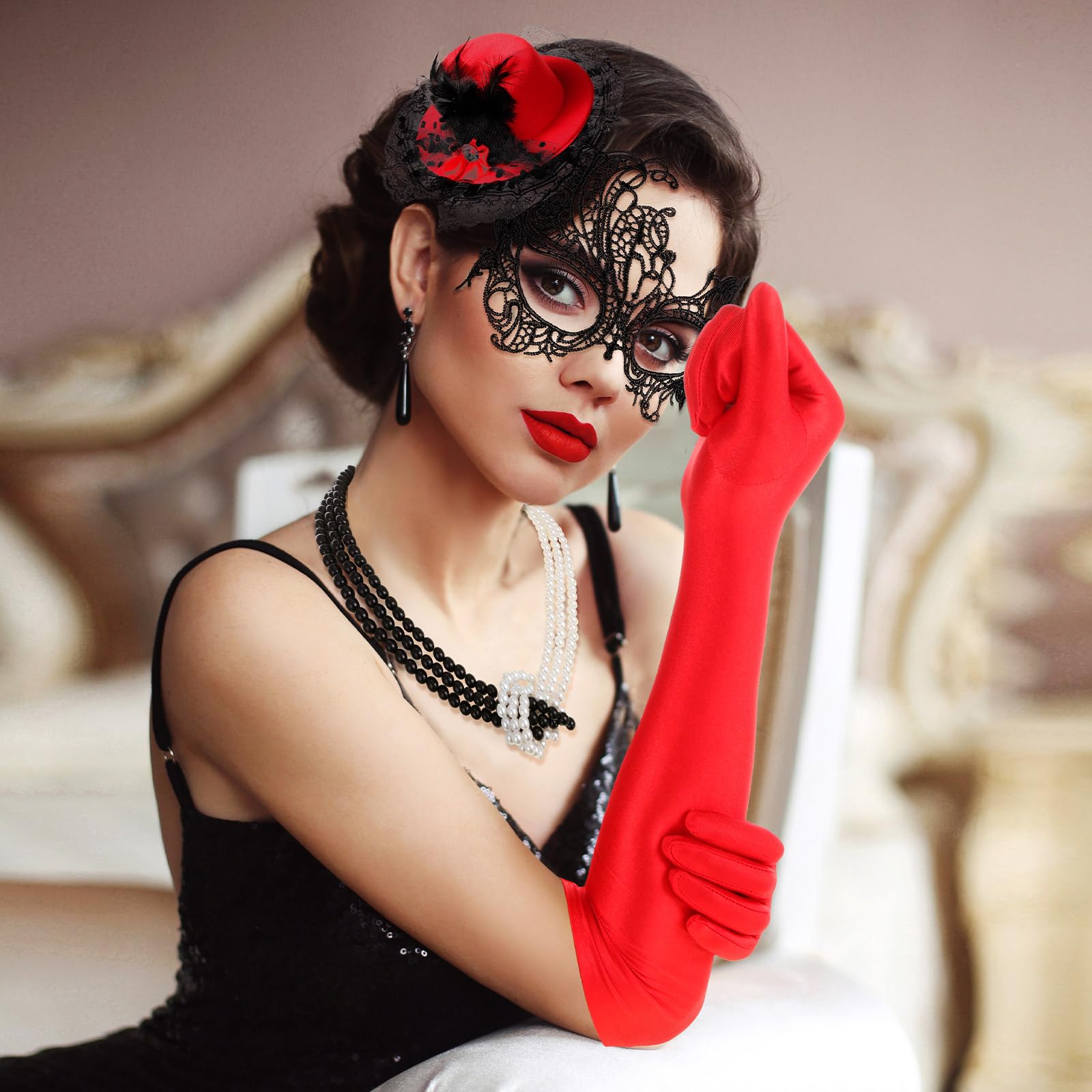 Shinymoon 6 Pcs Dalmatians Costume Accessories Women Dalmatian Shawl Coat Black and White Cosplay Necklace Red Gloves for Halloween