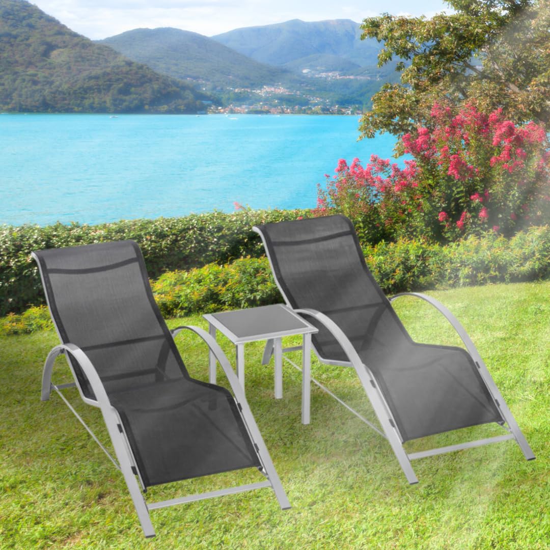 Garden Mile - Sun Lounger 3pc Heavy Duty Garden Chairs with Powder-Coated Steel Frame – Comfortable Outdoor Furniture Set with 2 Recliners & Outdoor Side Table for Patio, Decking & Poolside Use