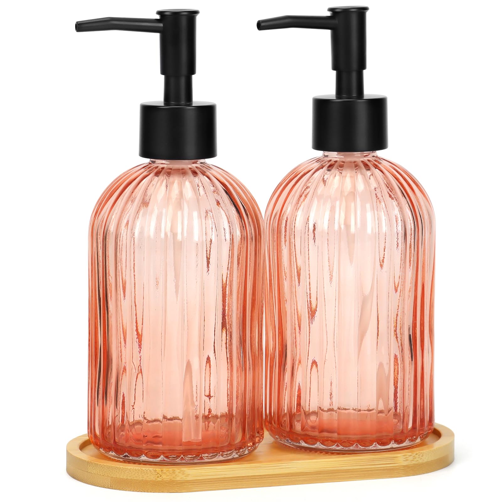 2 Pack Stripe Glass Soap Dispenser with Black Plastic Pump & Bamboo Tray, 400ml Liquid Hand Soap Dispenser for Kitchen & Bathroom, Great for Lotions, Essential Oil, Liquid Soaps-Pinkish Orange