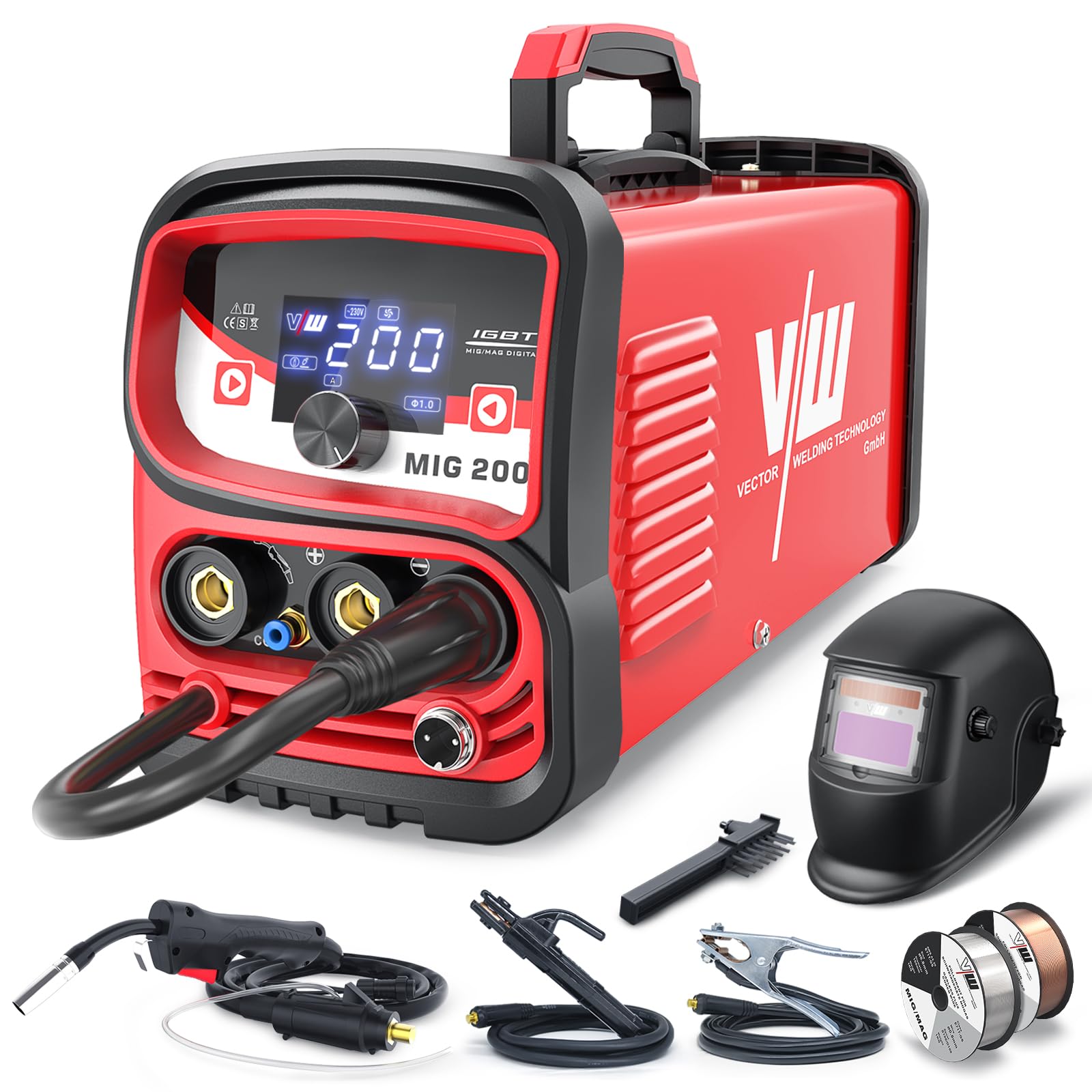 VECTOR WELDING 4-in-1 Kombischweißgerät 200A, Inverter Schweißmaschine für MIG/FCAW/Lift-WIG/MMA, IGBT mit Digital LED-Anzeige & Überlastschutz für Werkstatt und Heimgebrauch Komplett Set