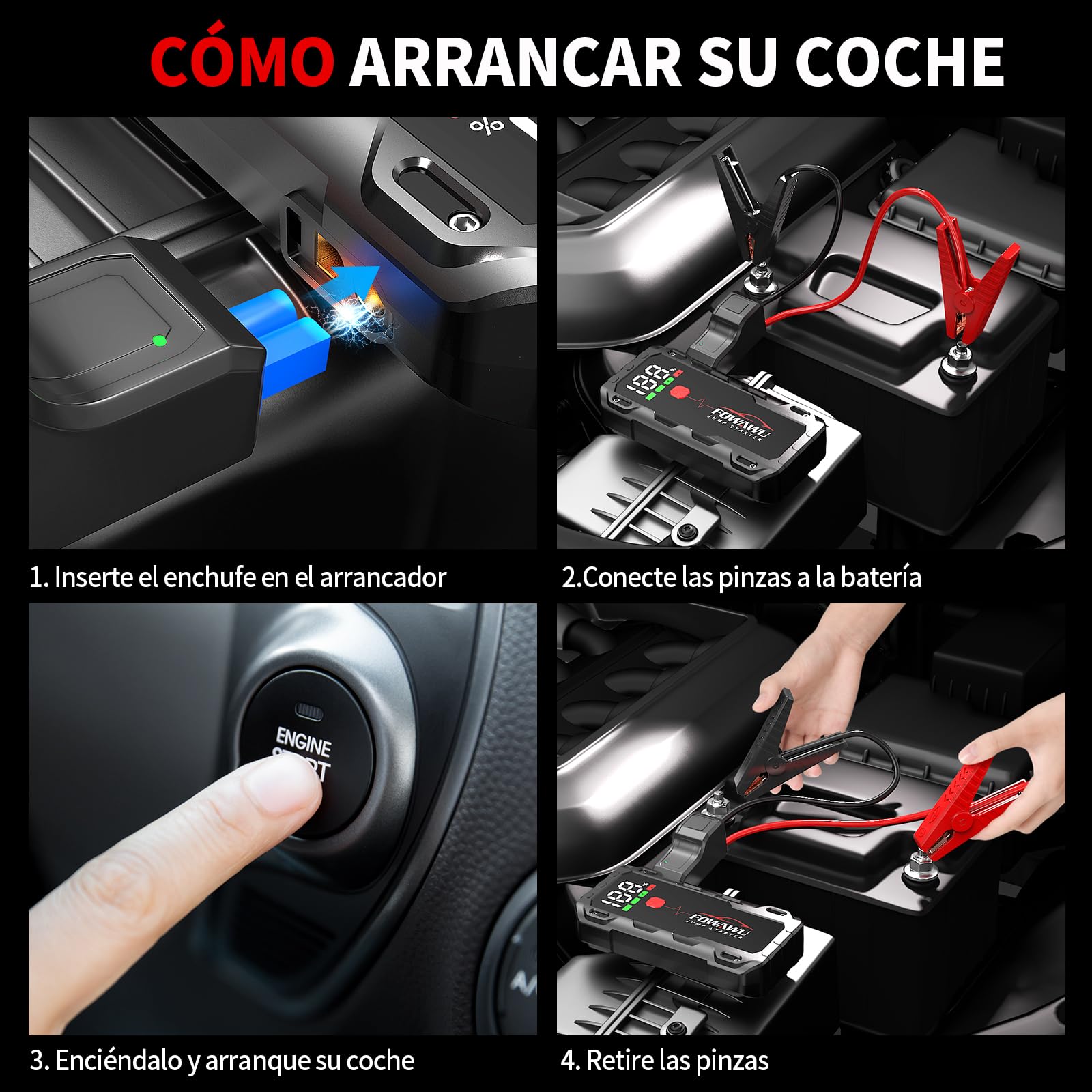 FOWAWU 7000A Arrancador de Baterias de Coche, 26800mAh Jump Starter(para 12L de Gasolina o 10L de Diésel) con Linterna LED de Emergencia, Espera Larga, Carga Rápida, QC 3,0