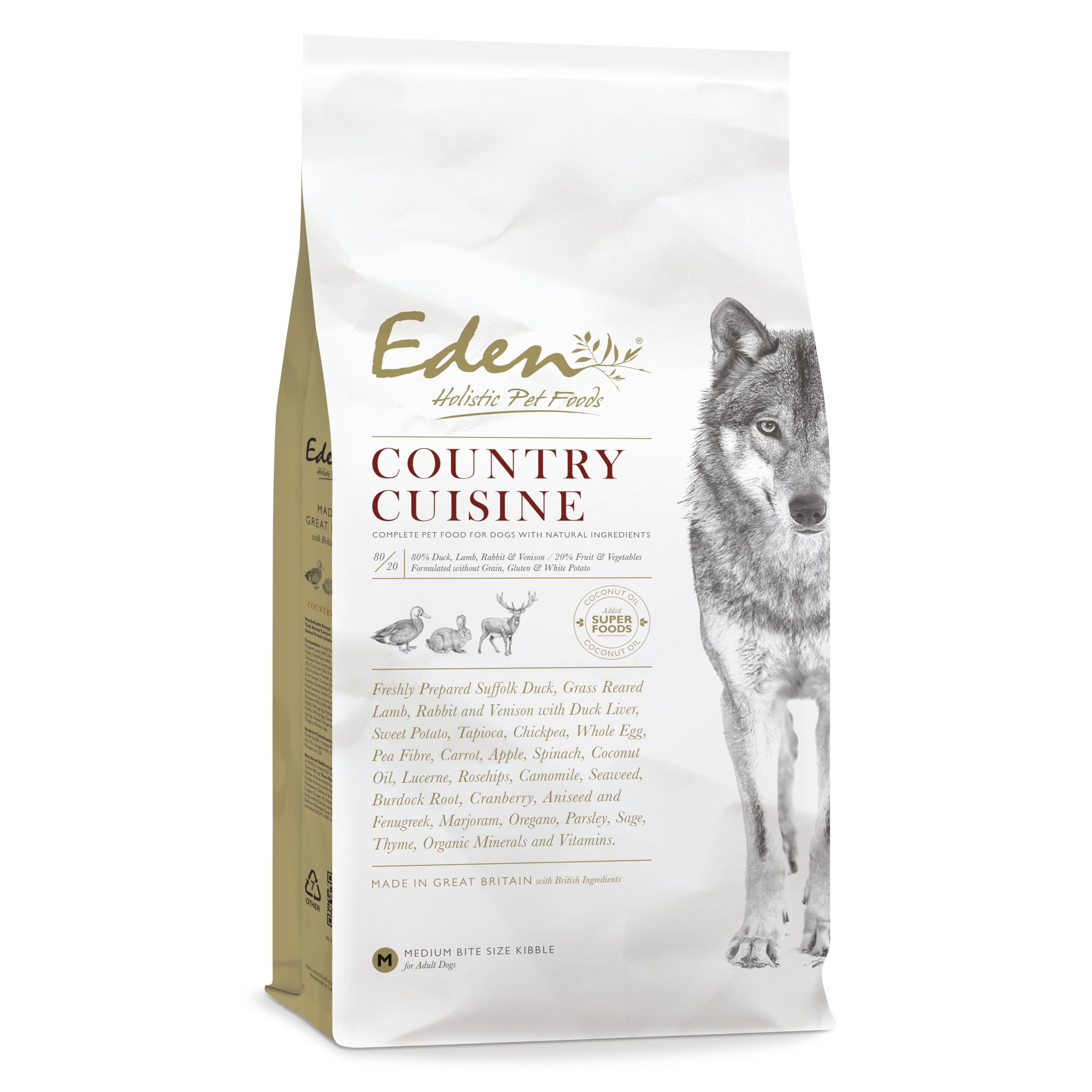 Eden Country Cuisine 2kg Medium Kibble Naturally Complete Premium Dry Dog Food for Adult & Senior Dogs. Duck, Rabbit, Lamb & Venison. Supports digestion, a glossy coat, ideal for active dogs