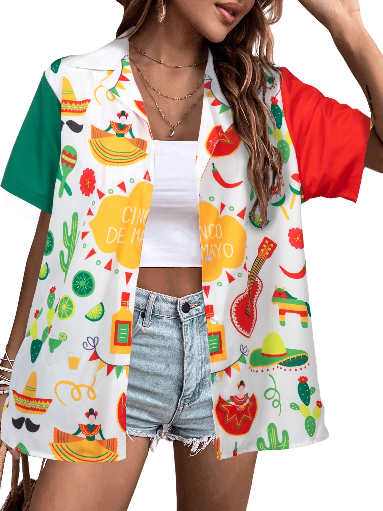 Cinco De Mayo Shirt Women Mexico Mexican Party Hawaiian Shirt Funny Button Down Shirt Short Sleeve Button Up Blouse Tops