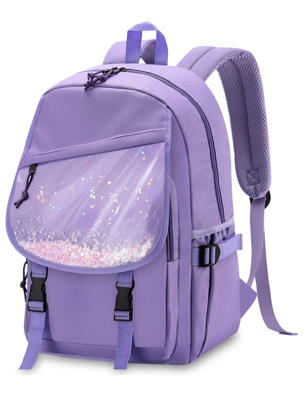 VASCHY Backpack for Girls, Cute Elementary School Bag Bookbag for Primary Schooler Kids with Sparkling Sequin Clear Pocket Purple