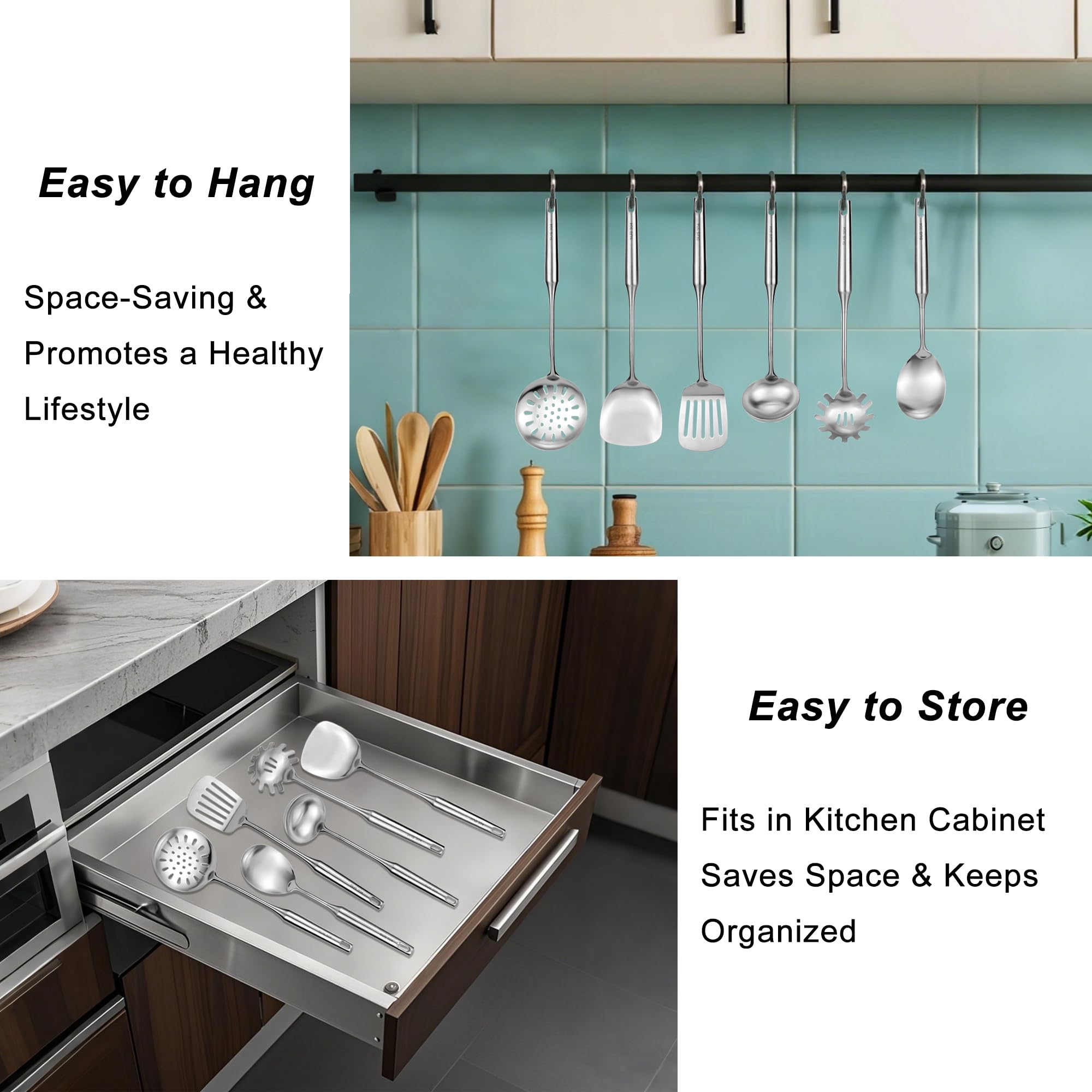 Juego de utensilios de cocina de acero inoxidable 18/8, 6 piezas de 15 pulgadas de largo, juego de utensilios de cocina de metal con espátula, cucharón profundo, cuchara, skimmer, servidor de pasta,