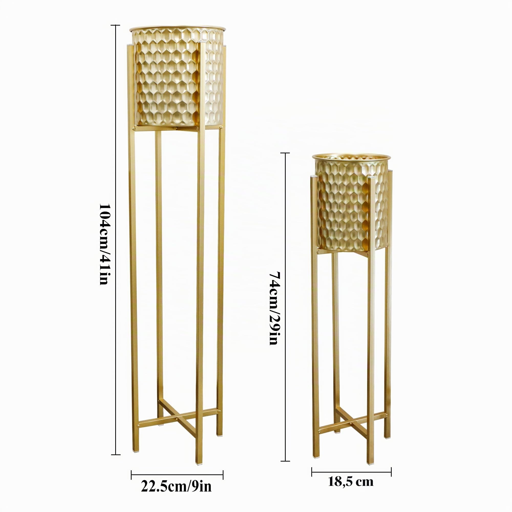 TRIROCKS Set de 2 Maceteros Metálicos Modernos con Soporte para Plantas 104 cm y 74 cm Altos, Jardineras para Interiores/Exteriores (Oro)