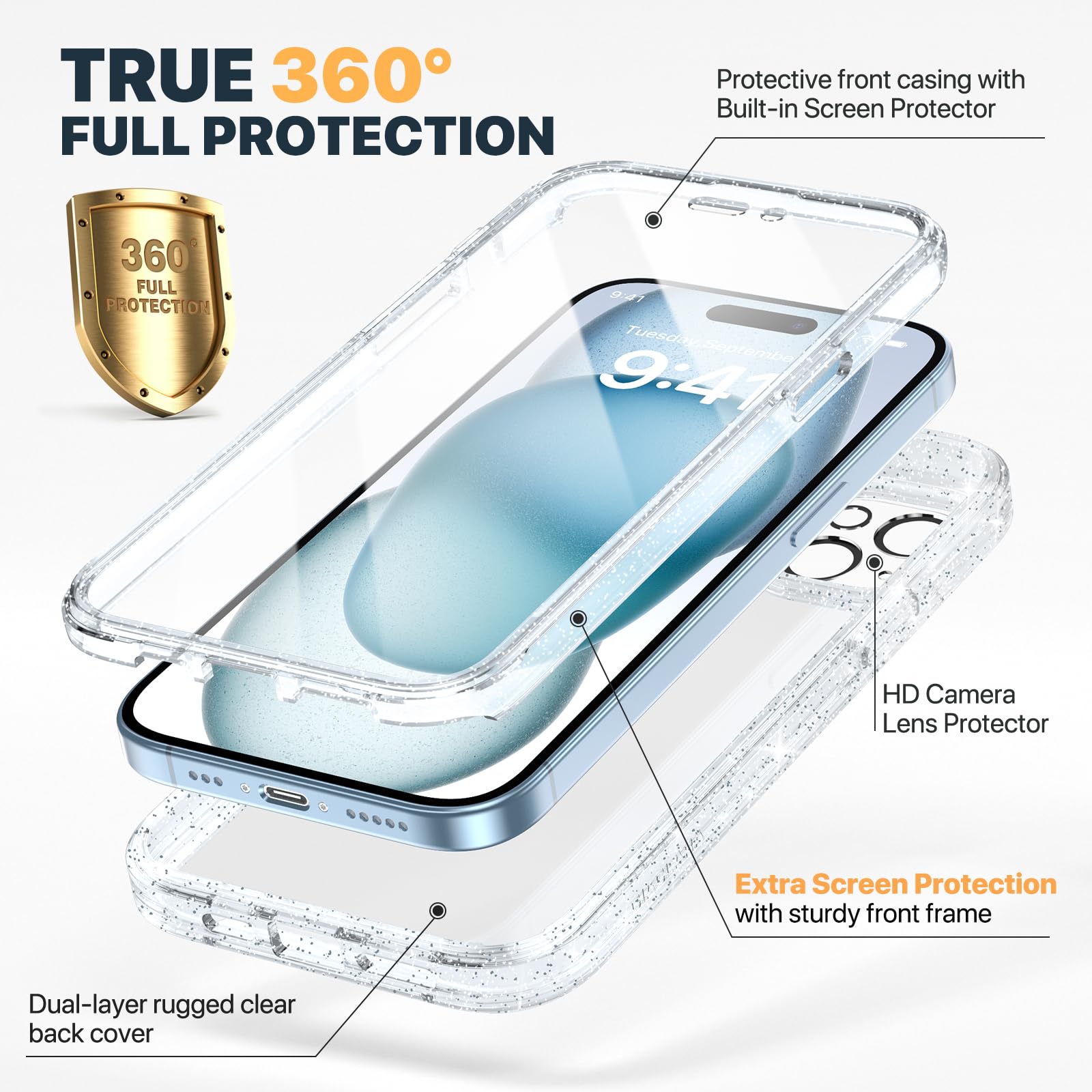 Diaclara Designed for iPhone 15 phone Case, Full Body Rugged Case with Built-in Touch Sensitive Anti-Scratch Screen Protector - Image 2