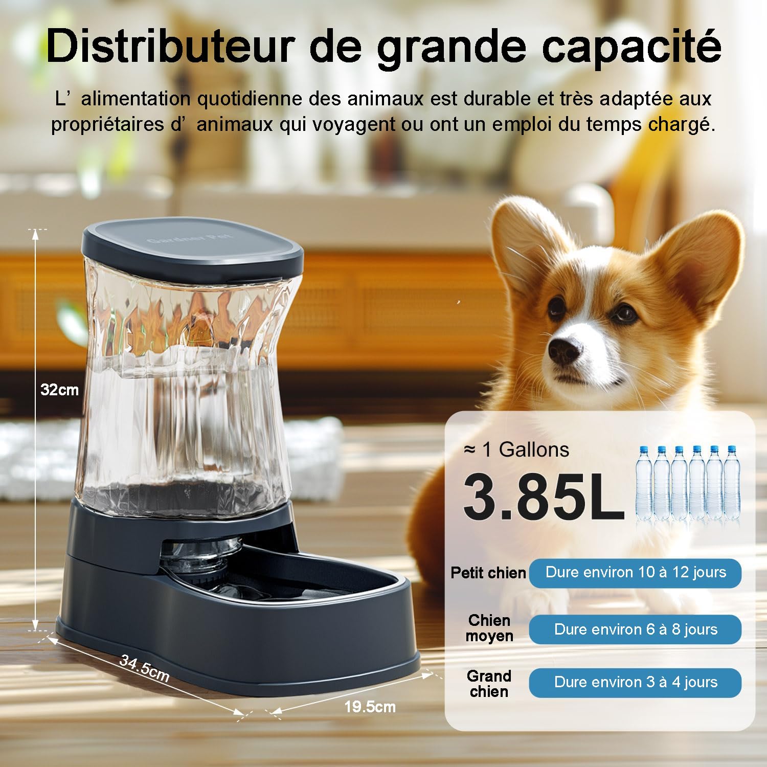 Gardner Pet 3.85L Distributeur Eau Chat Automatique, Gamelle Chat Automatique par Gravité, Distributeur Eau Chien avec Gamelle en Acier Inoxydable, Pas d'électricité, sans BPA (Gris)