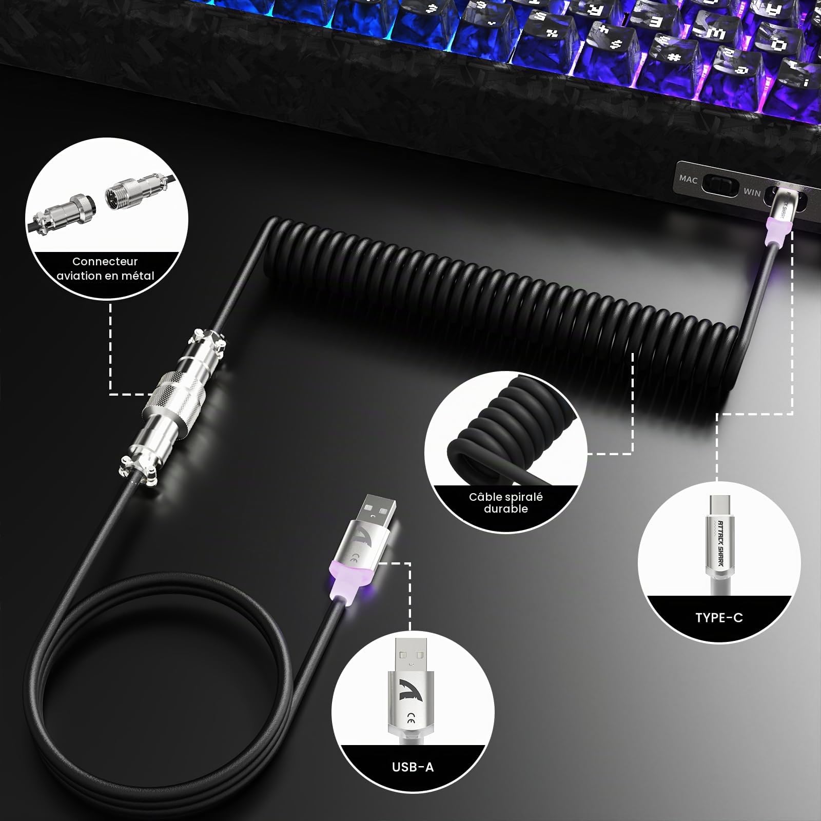 ATTACK SHARK Déclencheur rapide en fibre de carbone 8000 Hz Clavier de jeu magnétique filaire remplaçable à chaud, 42K DPI PAW3950 MAX TRI-Mode, souris sans fil Polling 8K, éclairage RVB Câble spiralé