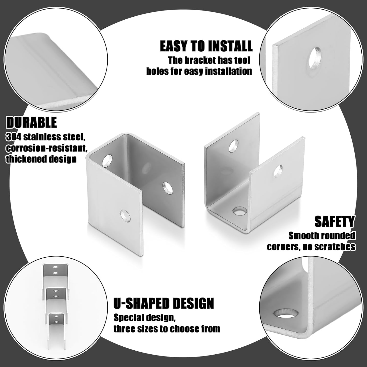 Gisafai 10 Pcs 3/4" Panels U Bracket Stamped 304 Stainless Steel Bracket Thickness 2 mm Installation Fasteners for Mounting Indoor Outdoor Door Partitions Pilasters