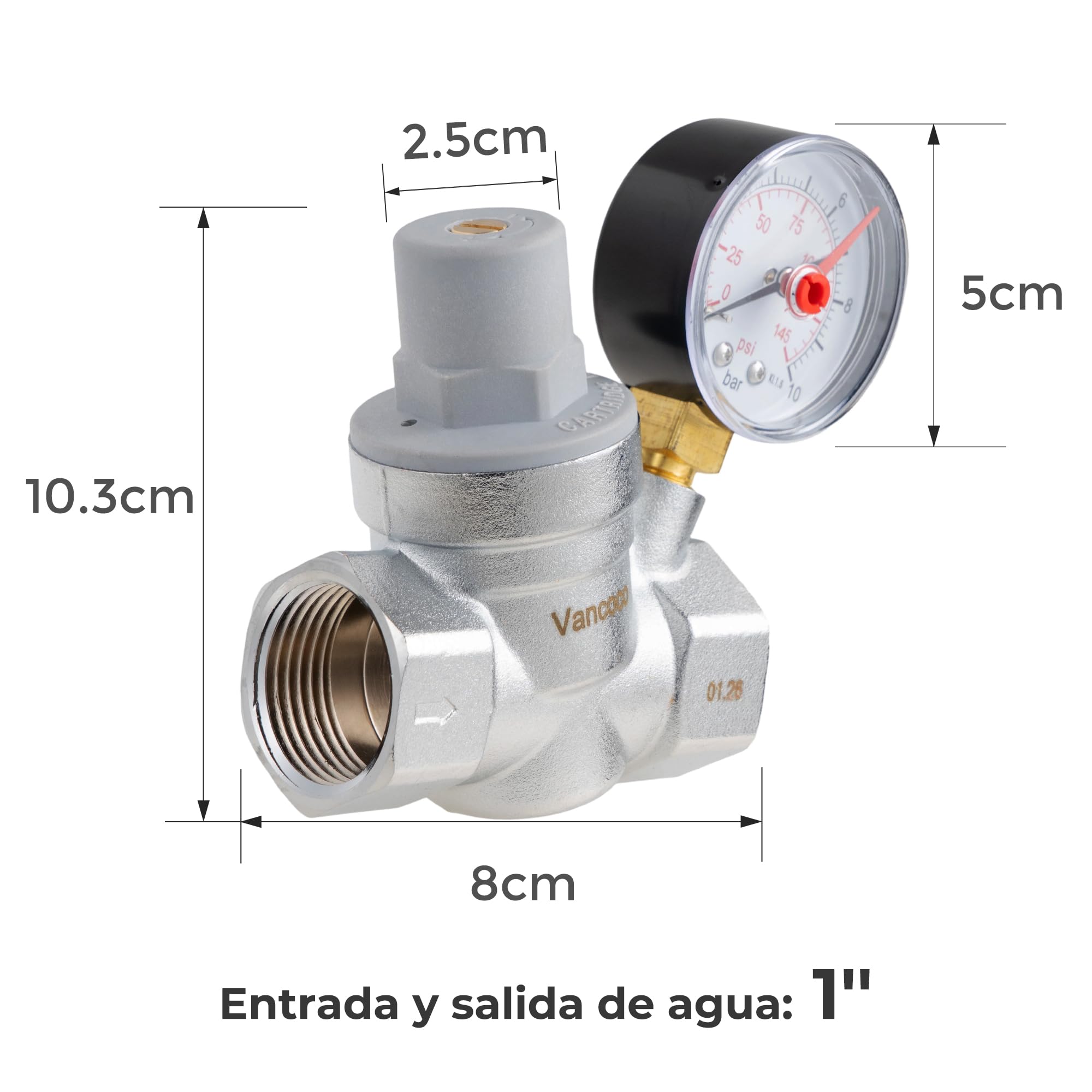 VANCOCO Regulador de presión de agua de 1 pulgada DN25 con manómetro, regulador de presión de agua de latón, regulador de presión de agua, válvula reductora de presión con filtro de filtro para