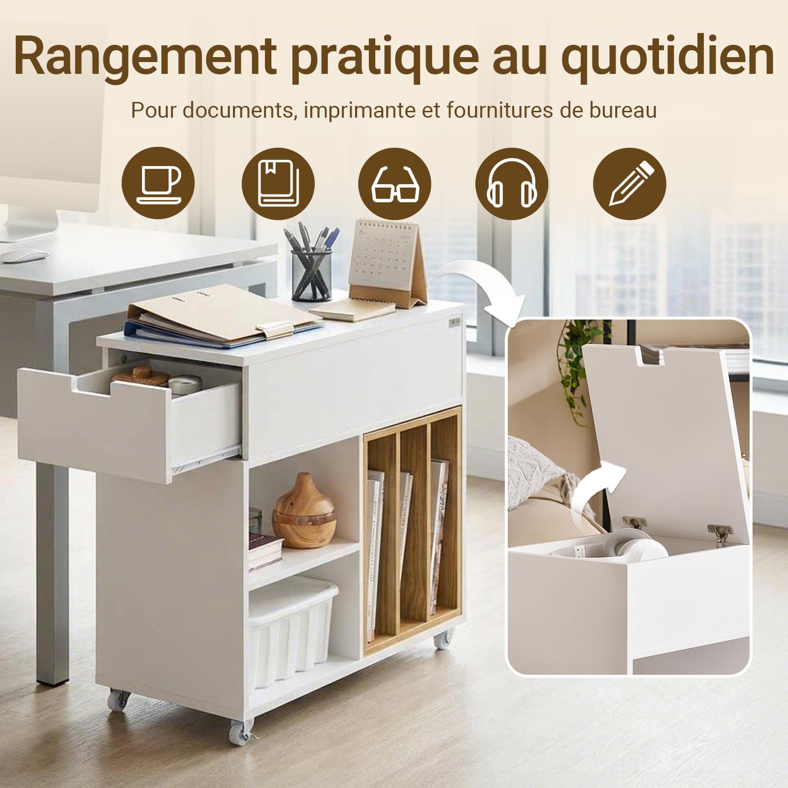 SoBuy Caisson de Bureau à roulettes – Archivage Mobile et Support Imprimante, Armoire de Bureau avec Plateau Rabattable, Tiroir et Bibliothèque Amovible, Blanc, L30 x P61 x H70 cm, FBT134-W