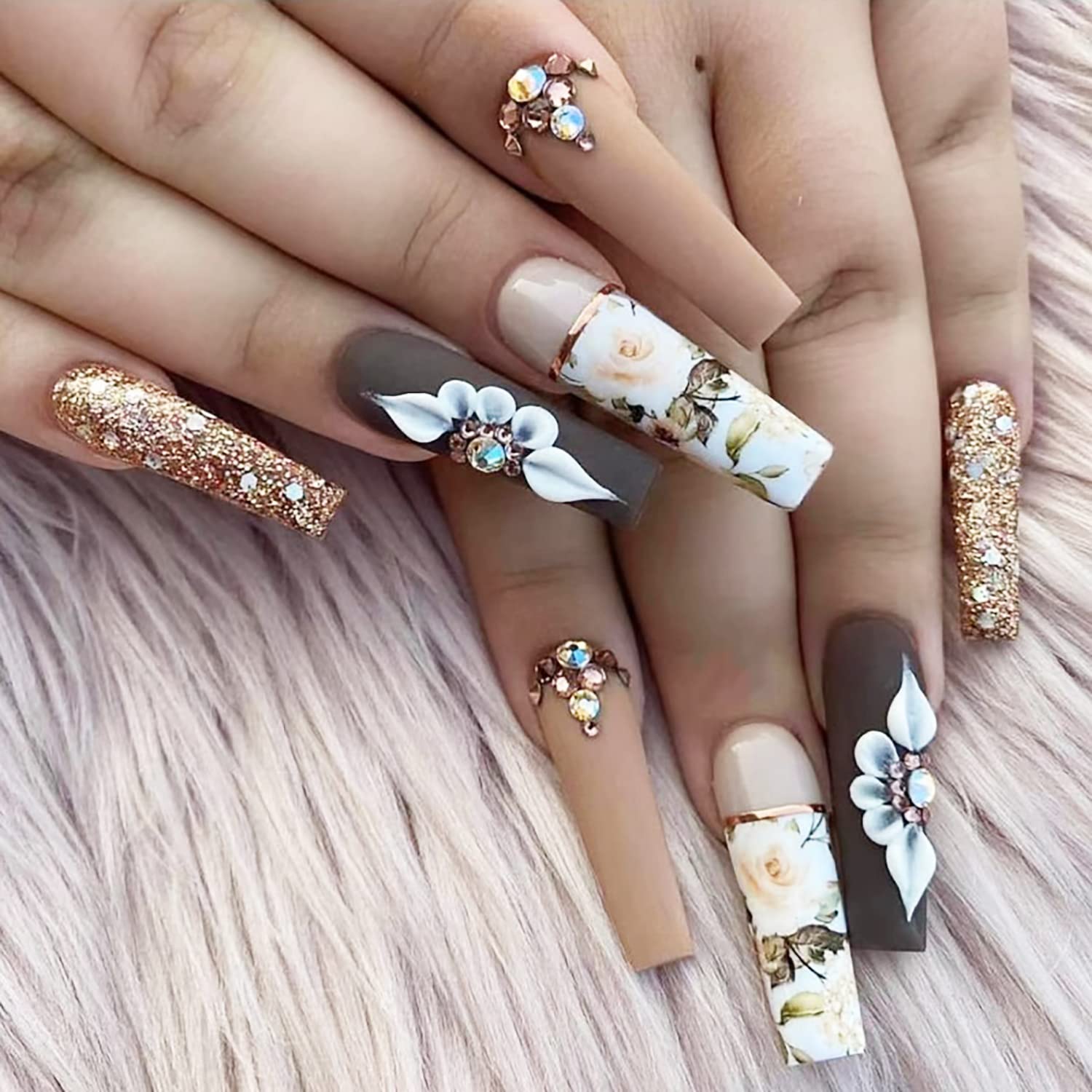Spring Press on Nails Long Coffin Fake Nails Full Cover False Nails with Flower Designs Floral Glue on Nails Glossy Stick on Nails Reusable Artificial Nails for Women 24Pcs