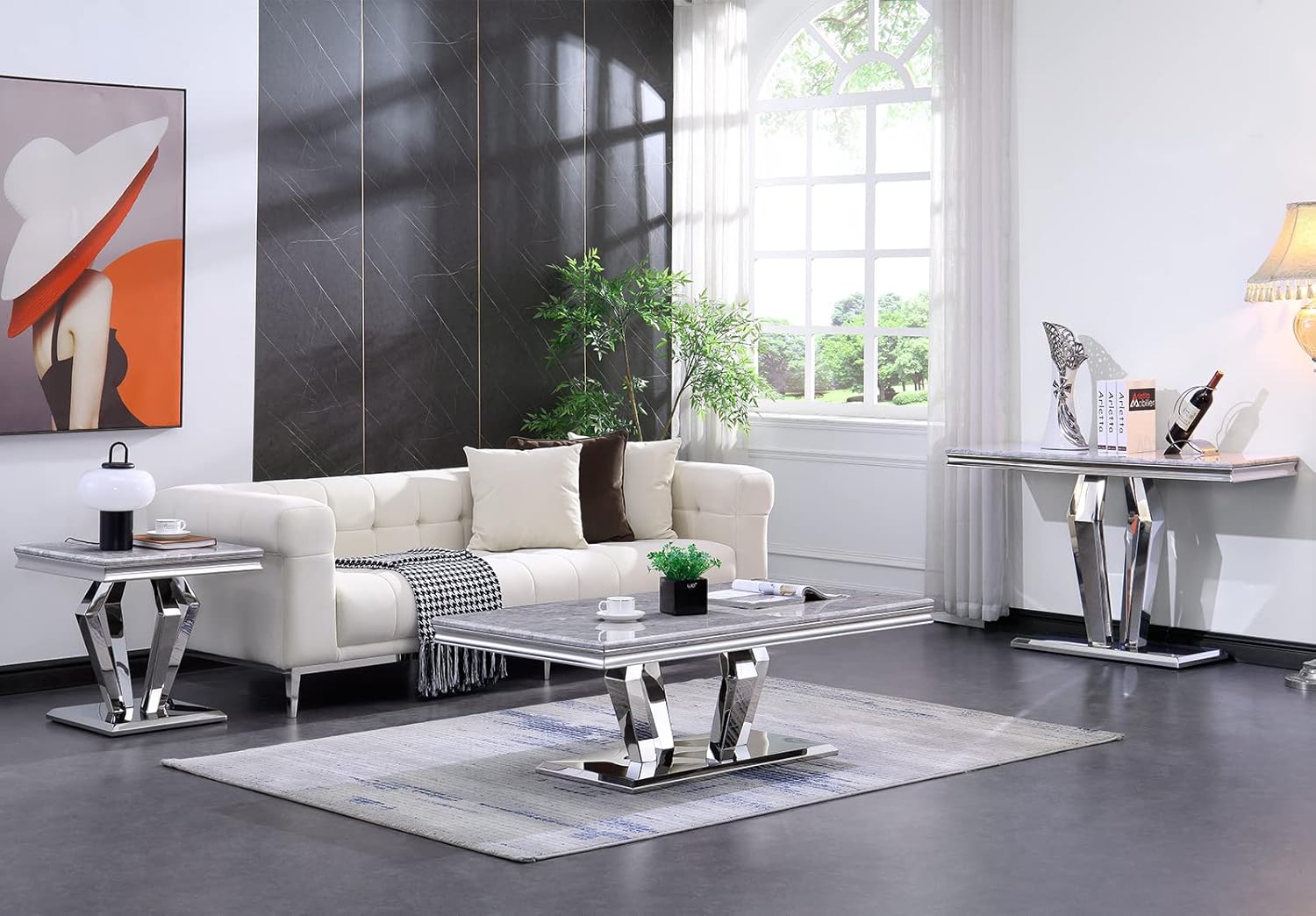 Asday Silver Console Table, Mirrored Sofa Table with Geometric Steel Base, Modern Silver Narrow Rectangular Console Table for Entryway, Living Room, Office, Coffee Bar, Front Hall