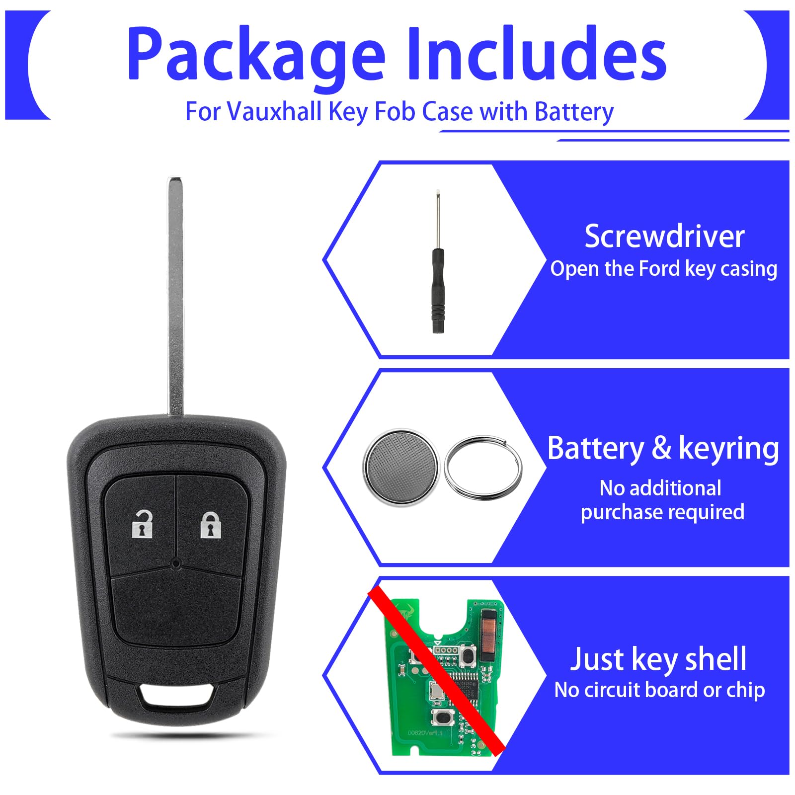 2 Button Car Key Fob Case Replacement for Opel Vauxhall Astra J Insignia MK1 Corsa D E Agila Adam Meriva Remote Key Shell with HU100 Blade with Battery — view 4