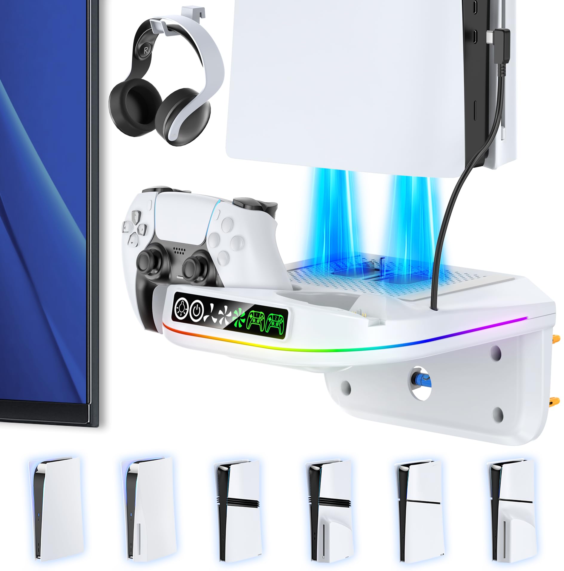Rysker PS5 Wandhalterung kompatibel mit Playstaiton 5/Slim/Pro mit Controller Ladestation, PS5 Wall Mount mit Kühler und 9 RGB Licht