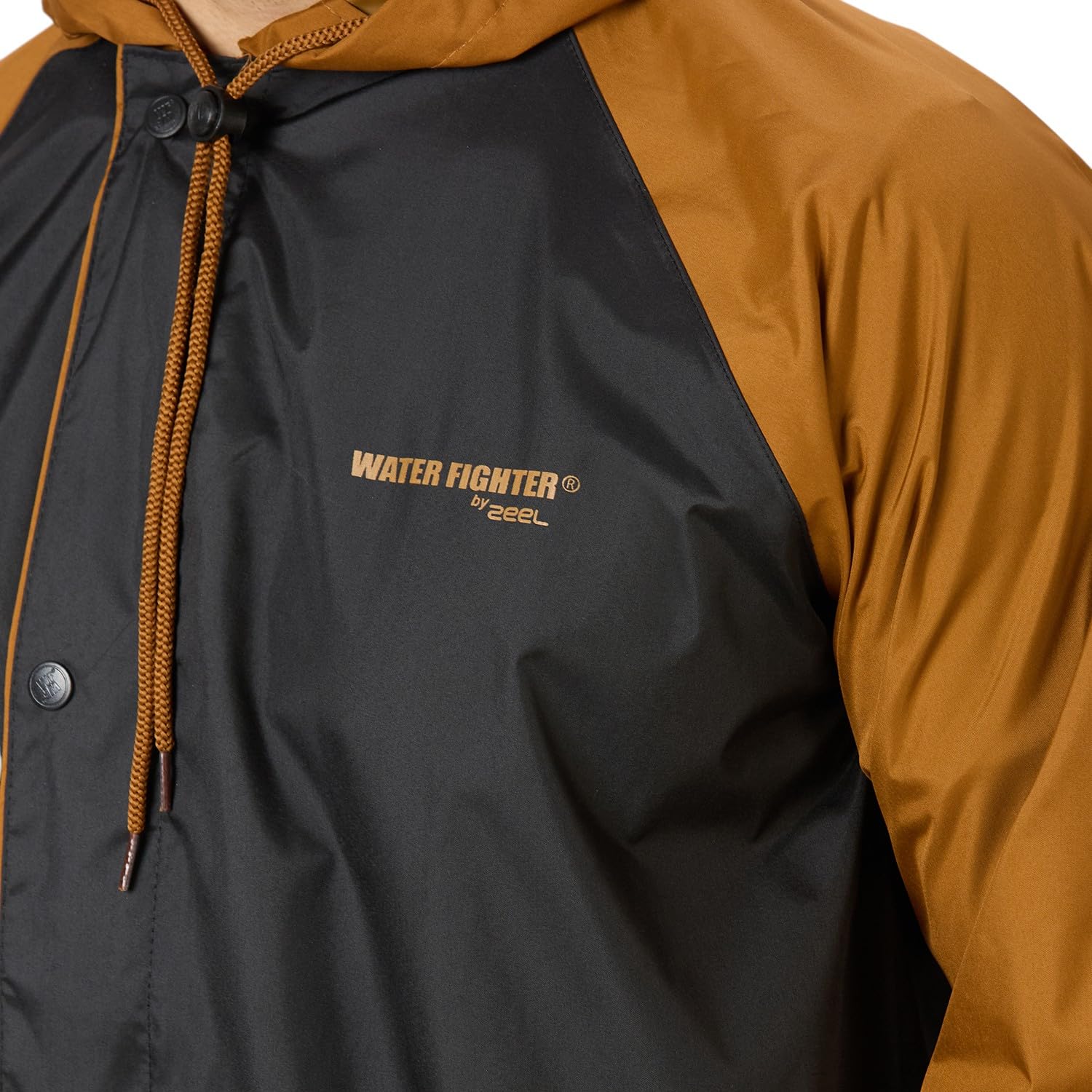 WATER FIGHTER by ZEEL Rain Coat for Men with Adjustable Hood, Polyester Waterproof Full Sleeves, Top and Bottom Set Rainwear, Front Zip with Snap Button Flap, (EWF87, Black & Dark Mustard, XL) - Image 8 thumbnail