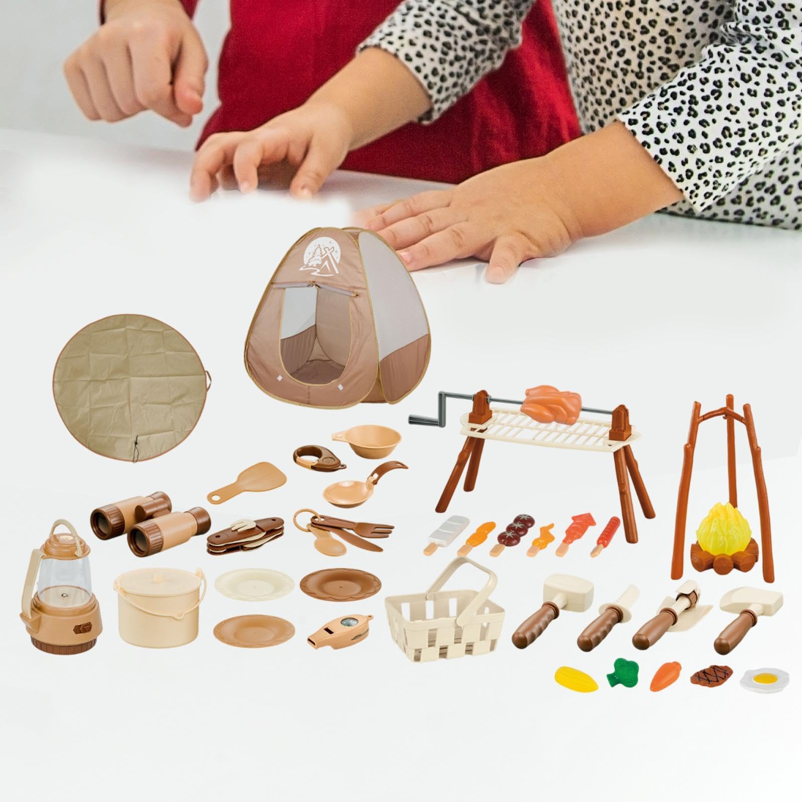 Almencla 35 Stück Kinder Camping Spielzeug Set mit Spielzelt Abenteuer Grill Lagerfeuer Kochutensilien Aus PP Material für Camping Indoor Outdoor Rollenspiel, 43 Stück