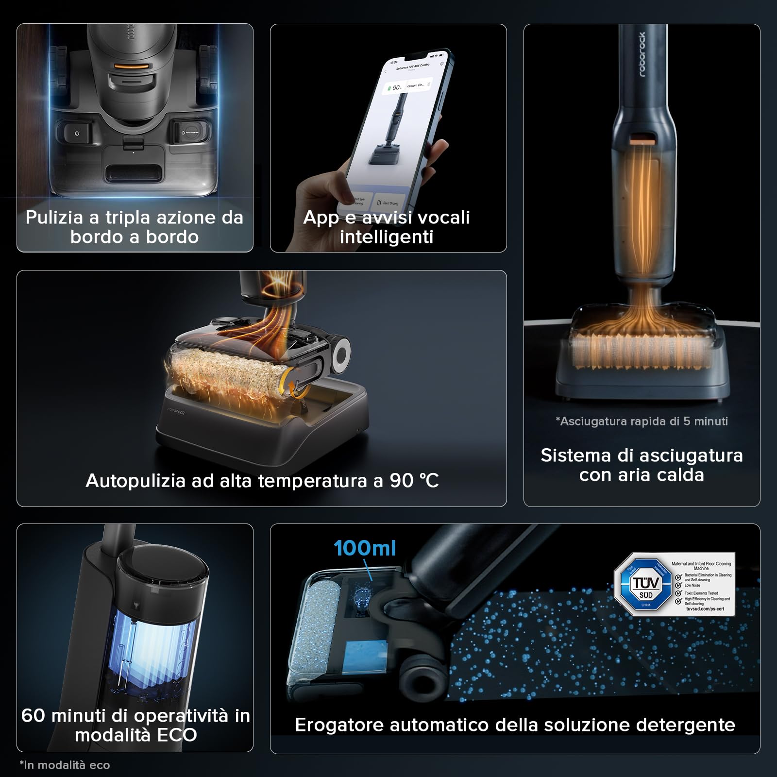 roborock F25 ACE Combo Aspirapolvere Senza Fili e Lavapavimenti 5 in 1, 20.000 Pa, Autopulizia a 90°C, Zero Grovigli, 180° UltraPiatto, Pulizia Bidirezionale, Controllo WiFi, per Parquet e Piastrelle