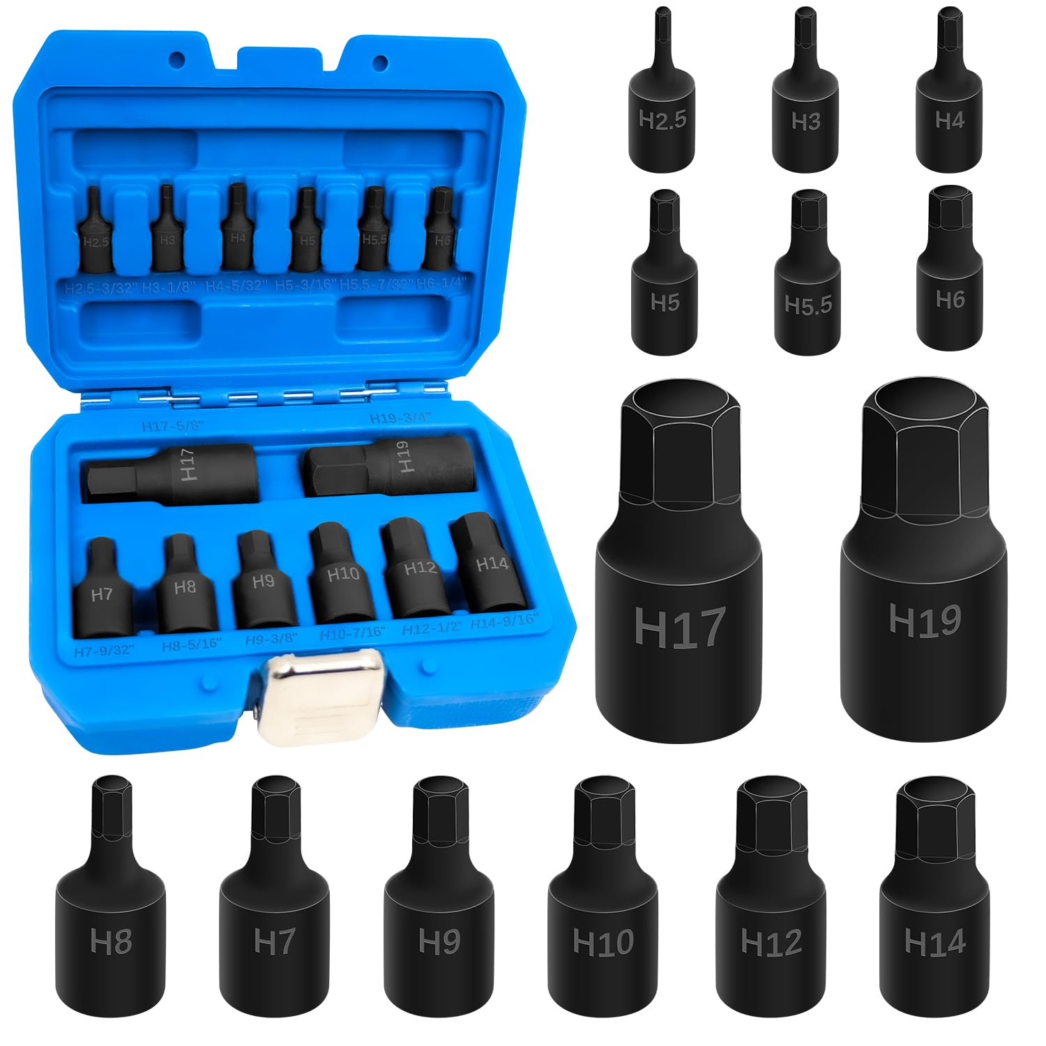JEUCLEL 14Pcs Impact Grade Allen Bit Socket Set, Metric Hex Drive