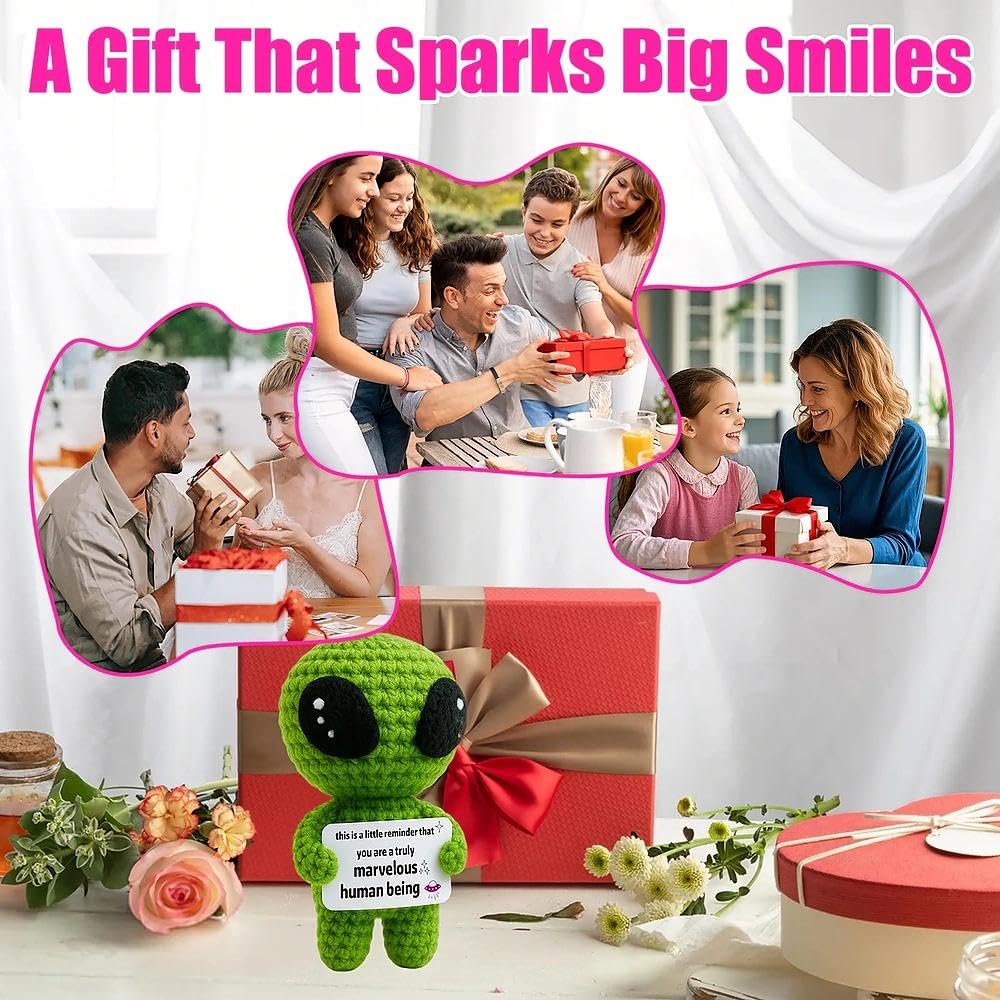 Peluche all'uncinetto con alieno regalo positivo supporto emotivo biglietto positività