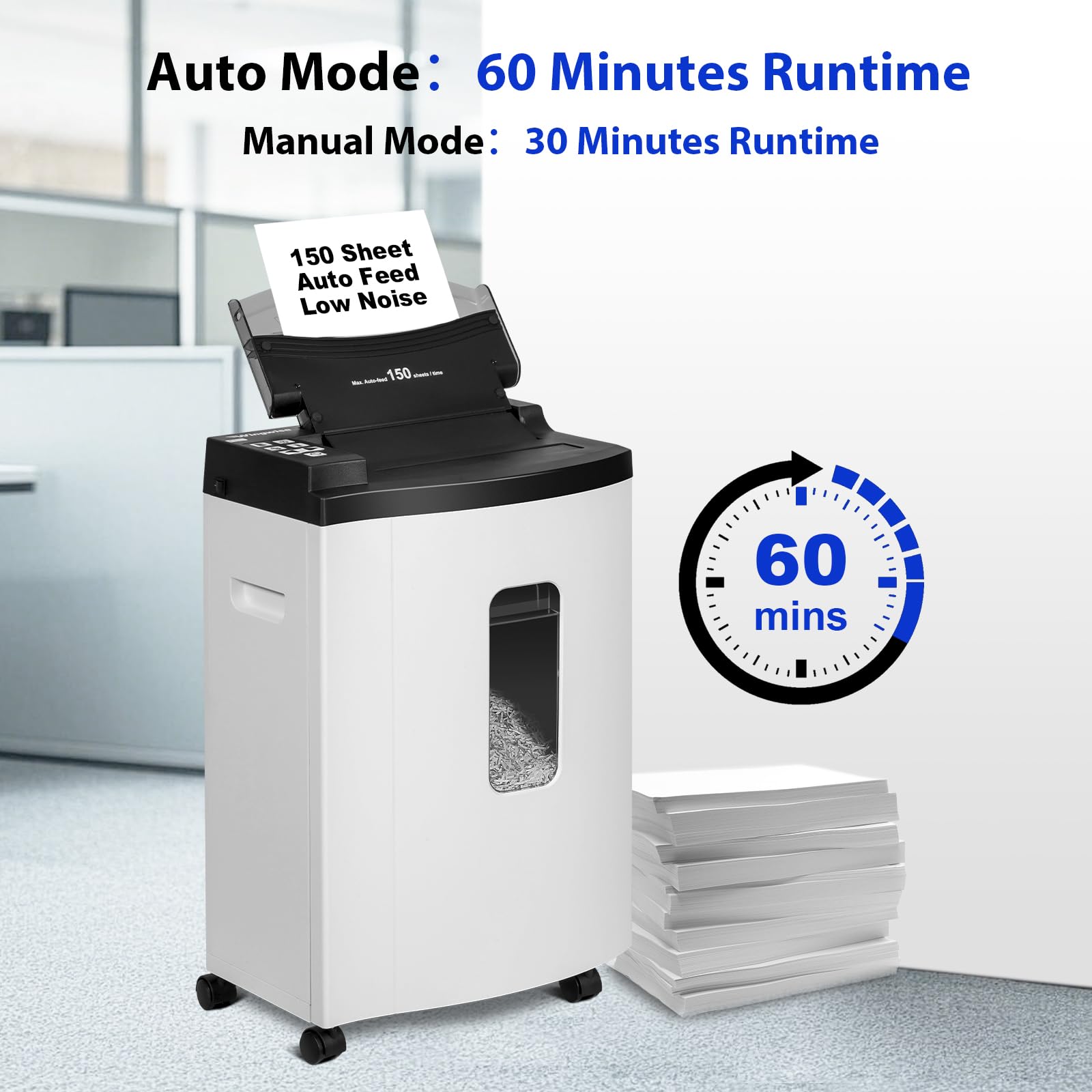 Wingwise Trituradora de papel de alimentación automática de 150 hojas, micro corte P-5 de alta seguridad (5/64 x 19/32 pulgadas), contenedor grande de 6 galones, funcionamiento continuo de 40 minutos
