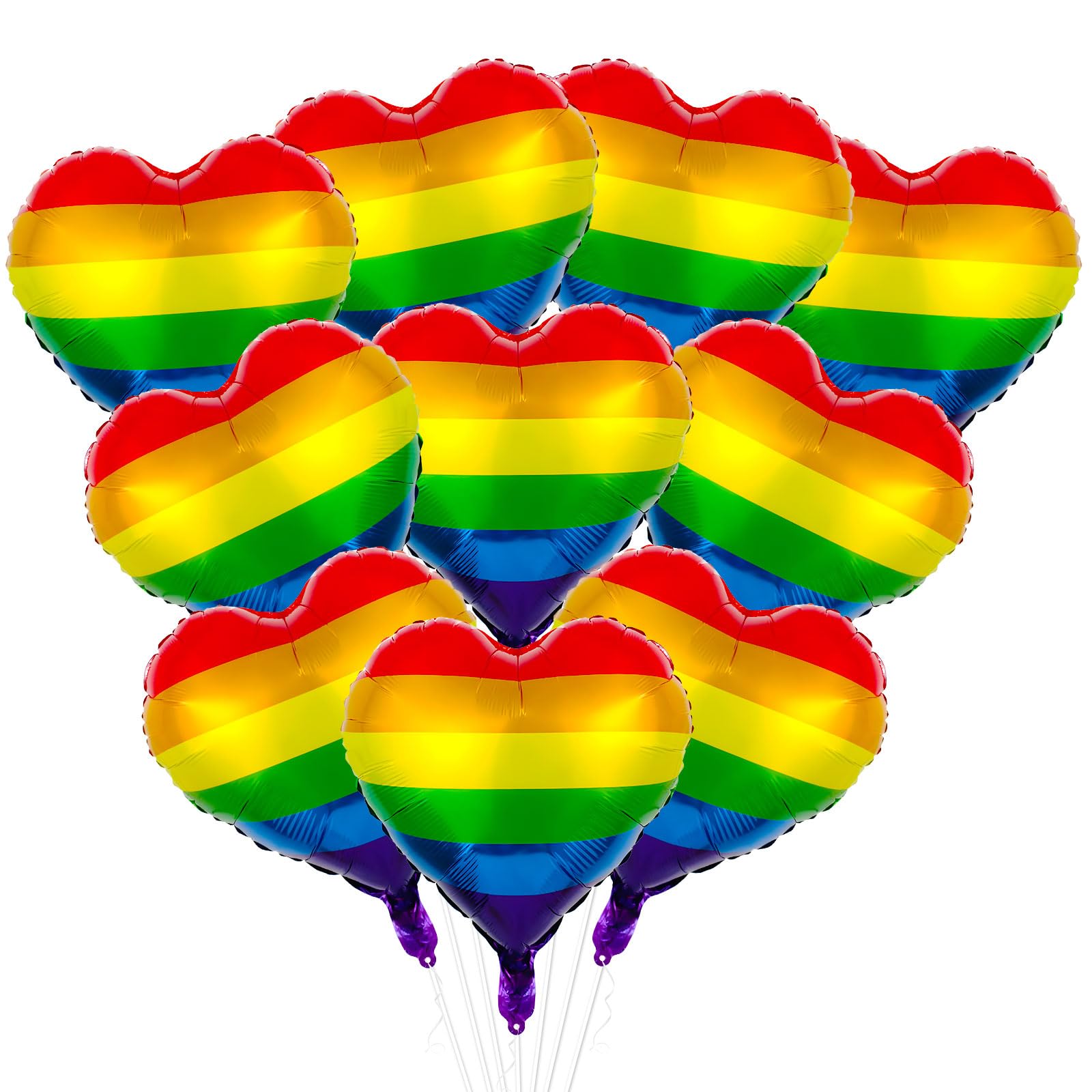 10Pcs Pride Decorations Foil Balloons, 18In Gay Rainbow Heart with Ribbon & Straw, Rainbow Stripes Decorations for LGBTQ+ Pride Month Party Parades Celebrations