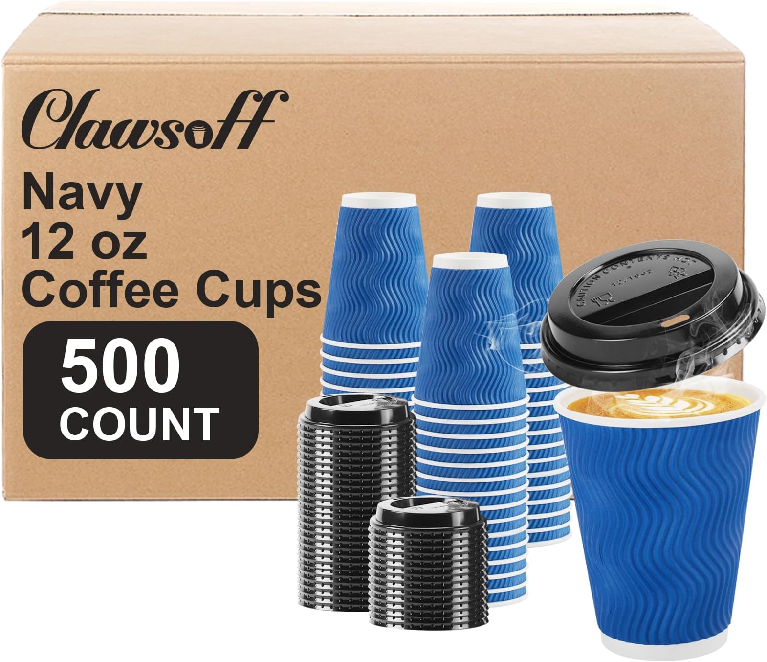 ClawsoffClawsoff 500 Pack Coffee Cups with Lids 12oz, Disposable Insulated Ripple Wall To Go Paper Coffee Cups for Hot/Cold Drinks Office Home Shop Event (Navy)