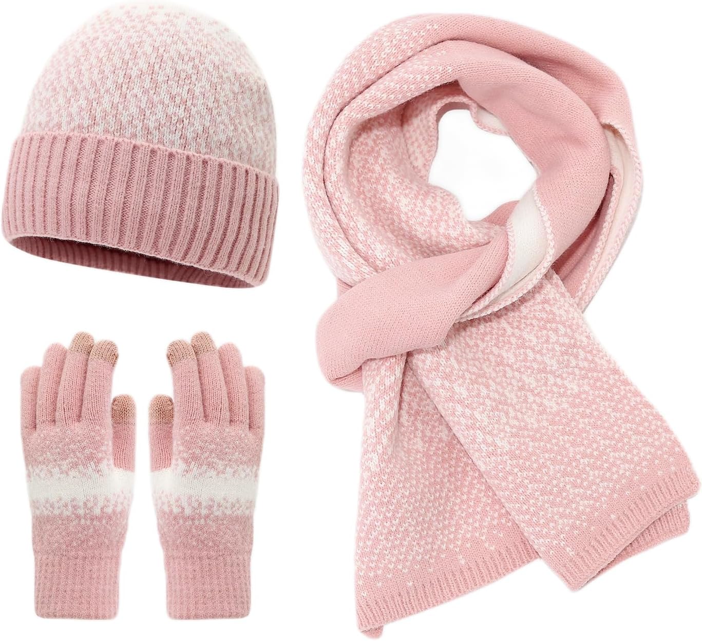 Knit Set: Beanie Scarf Gloves - Color Block Winter Warm Accessories Trio