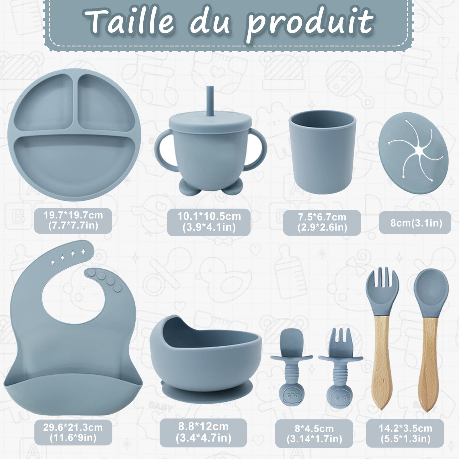 Baby Cutlery, Set of 12 Pieces Baby Plates with Suction Cup, Baby Led Weaning, Children's Cutlery, Baby Tableware Sets, Baby Spoon, Silicone Baby Bib, Non-Slip Silicone Plate BPA-Free — view 7