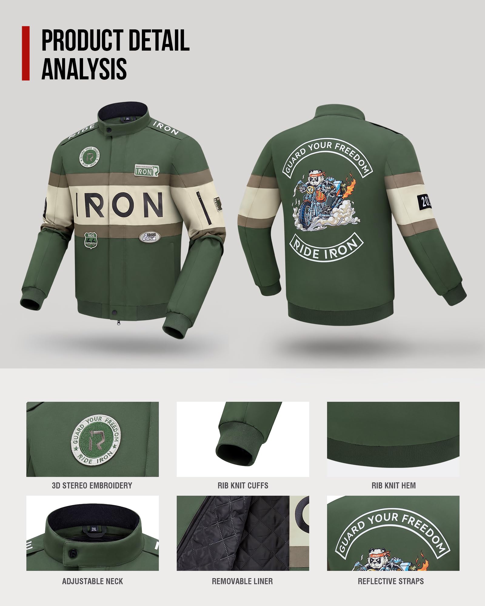 RIDEIRON Motorradjacke Herren mit Protektoren CE – Textil Biker Jacke mit Thermofutter, Stickerei Design, Winddicht Atmungsaktiv, Touring Motorrad Jacke für Frühling Herbst Winter M-XXL